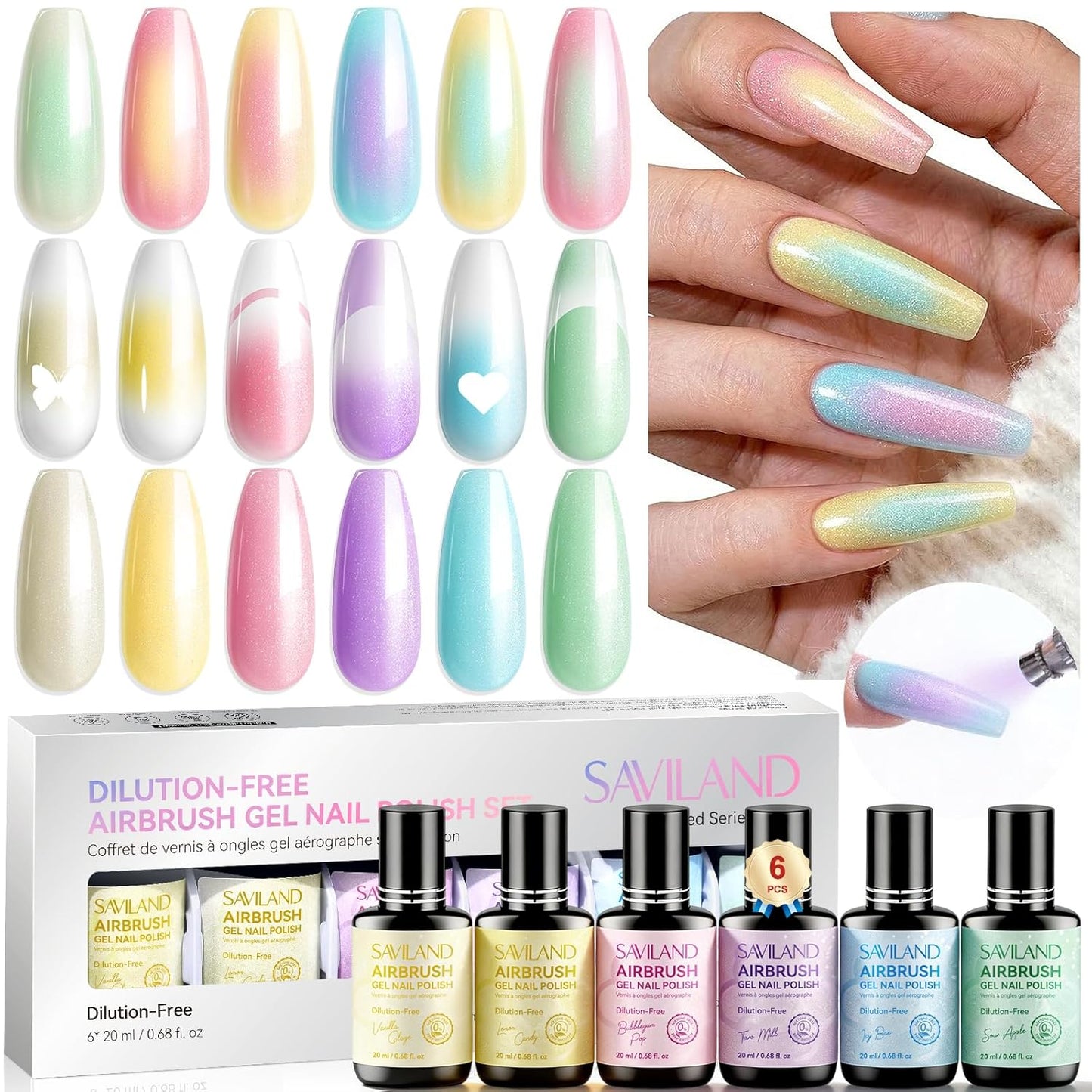 SAVILAND Shimmer Airbrush Gel Nail Polish - Hema & Acetone Free 20ml | Opal Symphony Pastel Collection, 6 Colors for Ombre & French Nail Art
