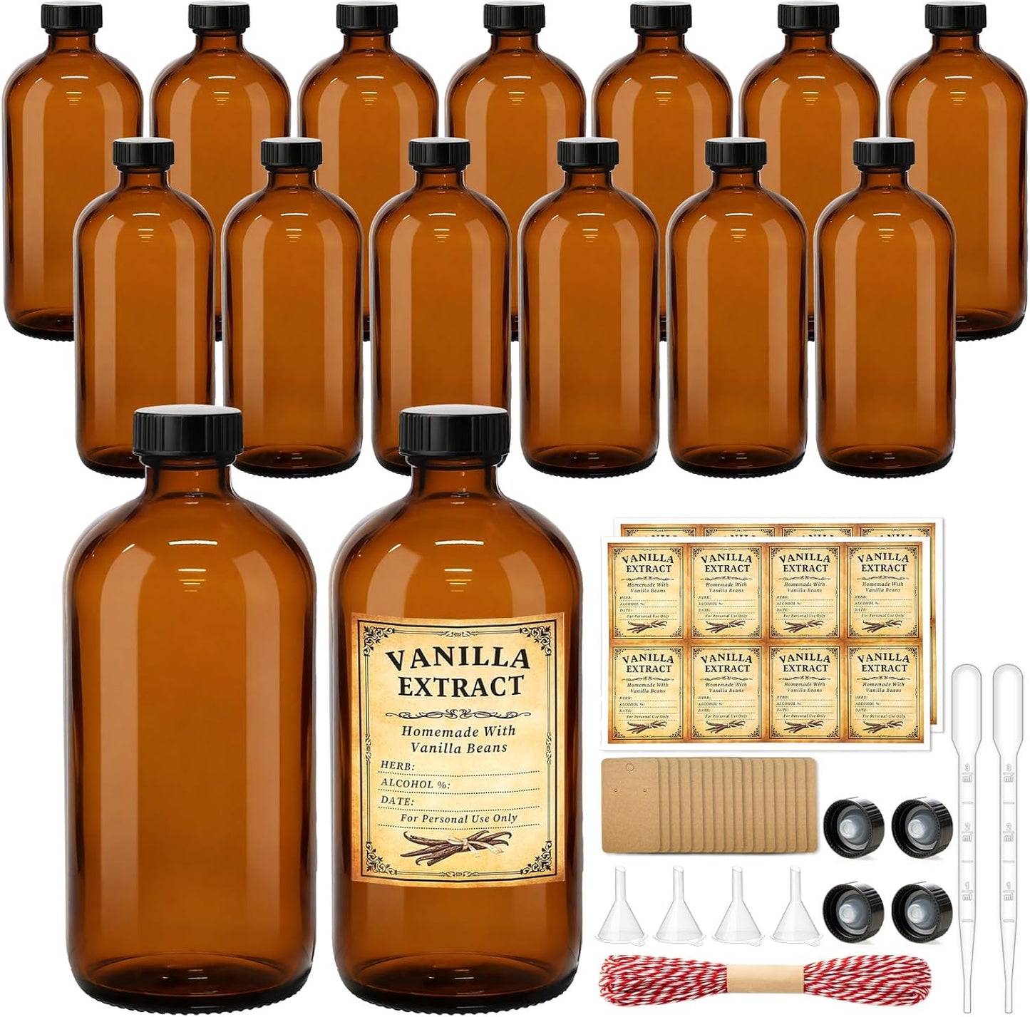 Amber Glass Boston Round Bottles - 32 oz | 4 Pack Leakproof Storage for Kombucha, Extracts & Oils