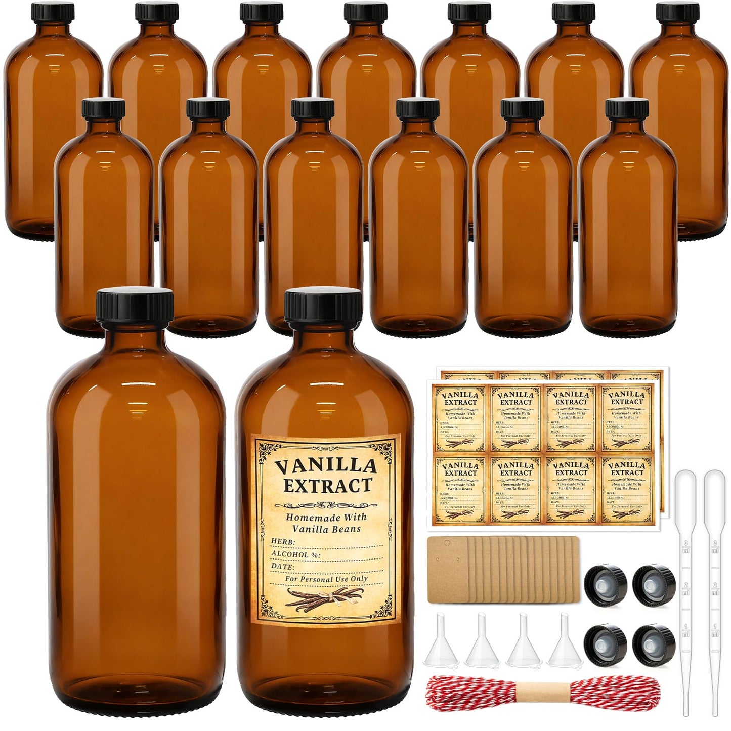 TBWIND 15 Pack 16oz Amber Glass Bottles with Lids, Boston Round Bottles with Airtight Polycone Caps for Homemade Vanilla Extract, Kombucha, Syrups, Herbal Liquids & Tinctures