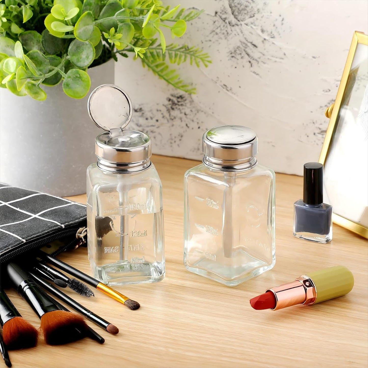 Acetone Pump Dispenser - 2 Pcs 6 Oz Clear Refillable Bottle with Flip Cover | Nail Polish Remover & Makeup Remover