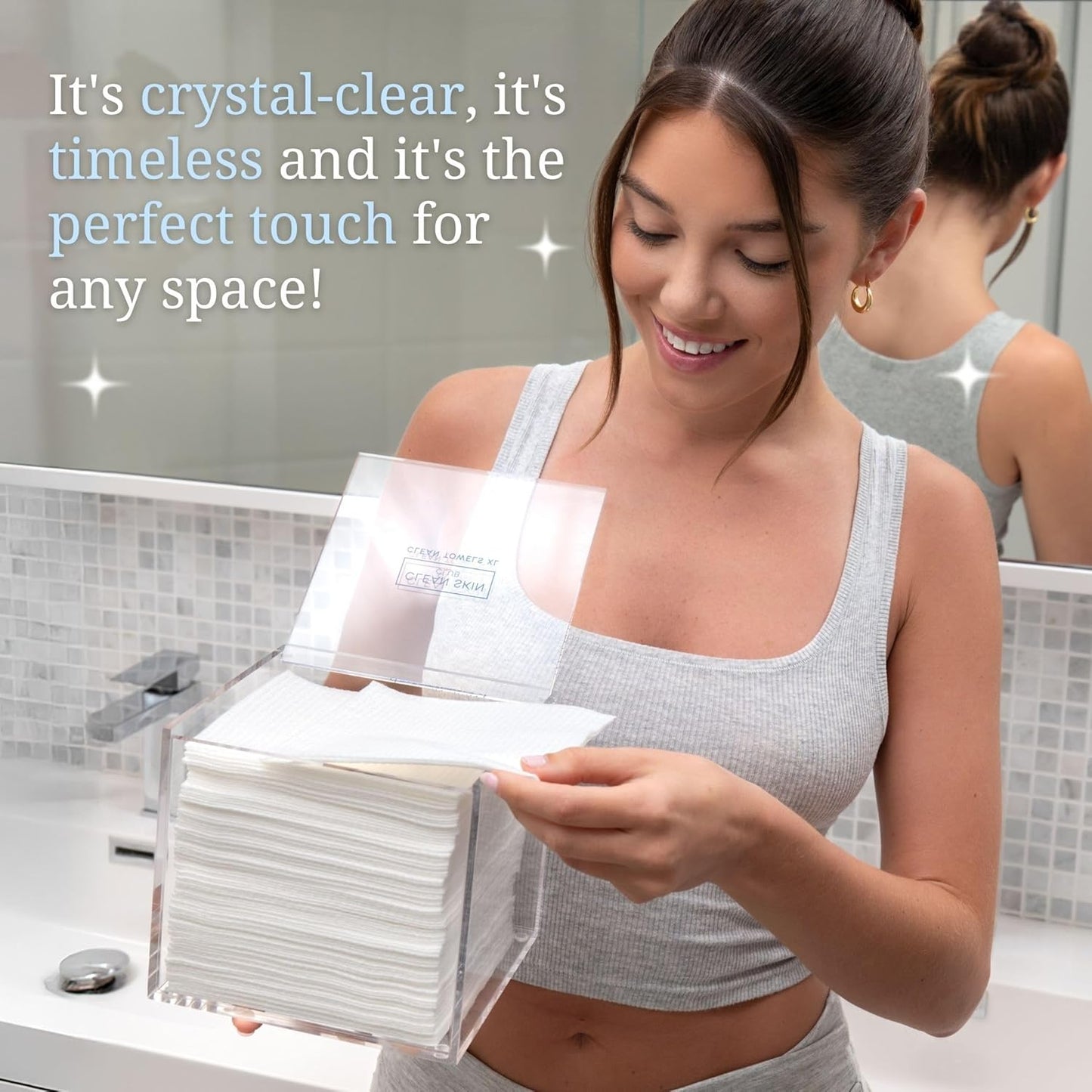 Clear Acrylic Box for Clean Towels - XL Storage Container for 50 Disposable Face Towelettes | Bathroom Counter Organizer