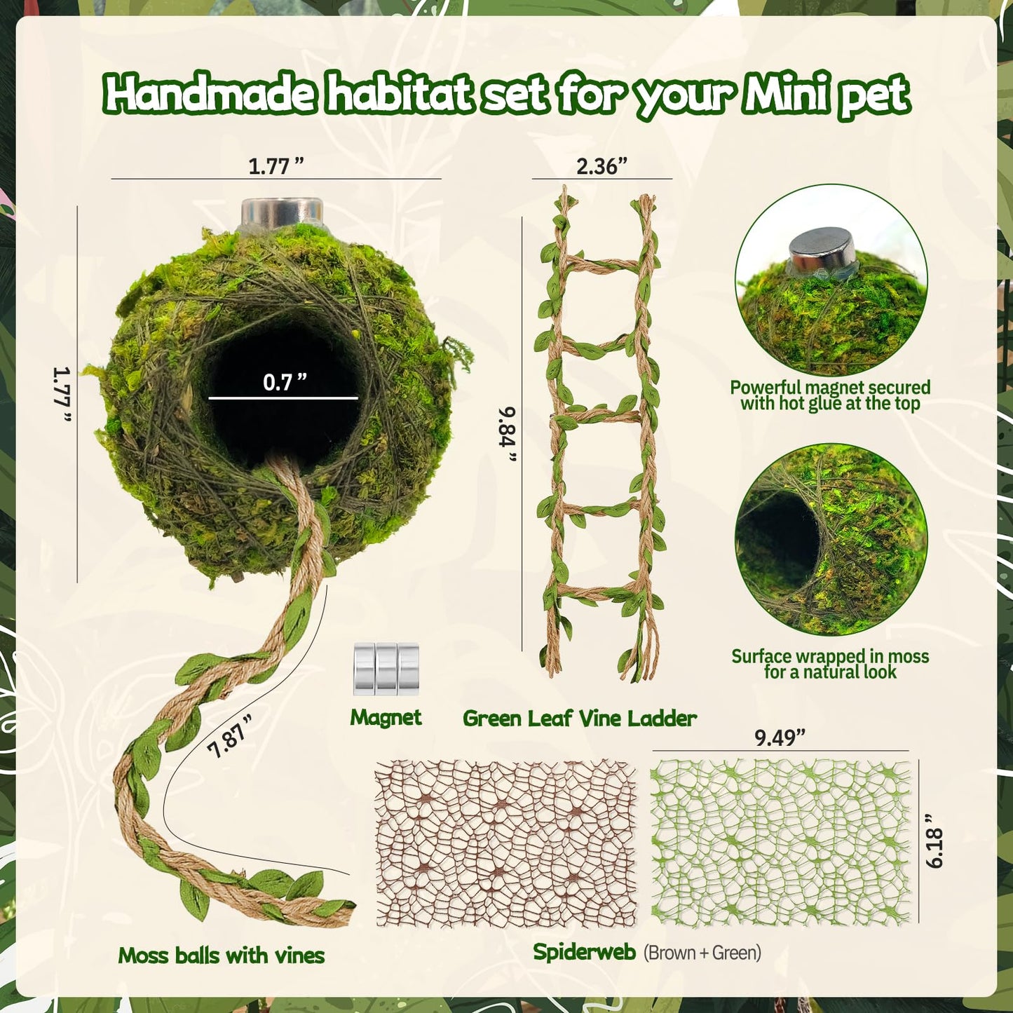 Magnetic Jumping Spider Hideout,Habitat Décor Kit - Handmade Moss Hideout with Climbing Rope,Hemp Rope Bridge,2Pcs Climbing Web& Loose Moss,Fun Enclosure Accessories for Climbing & Hiding (4.5cm)