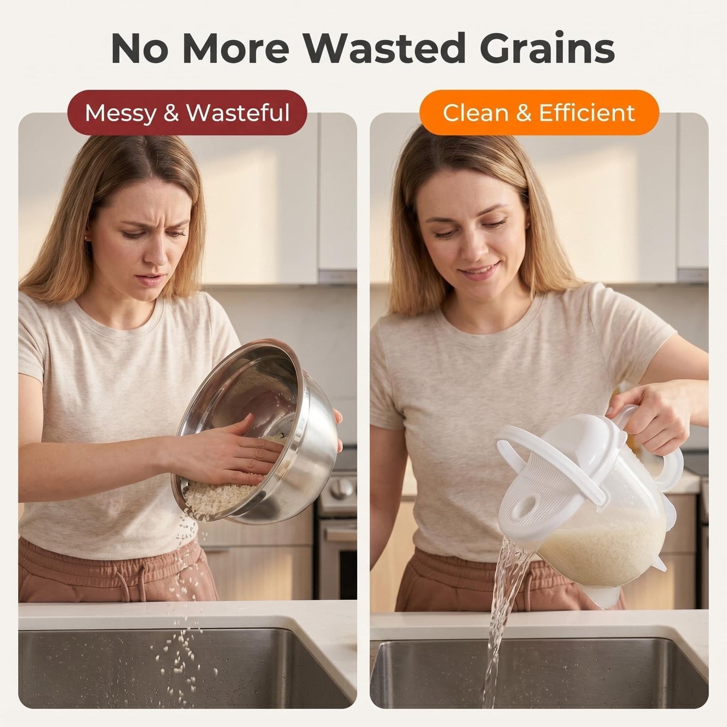 Rice Washer Strainer Bowl with Handle - Plastic Grain & Vegetable Washing Bowl, Perfect for Rice Washing Bowl Needs and Rice Rinser Strainer Use with Beans, Pasta & Fruits (White)