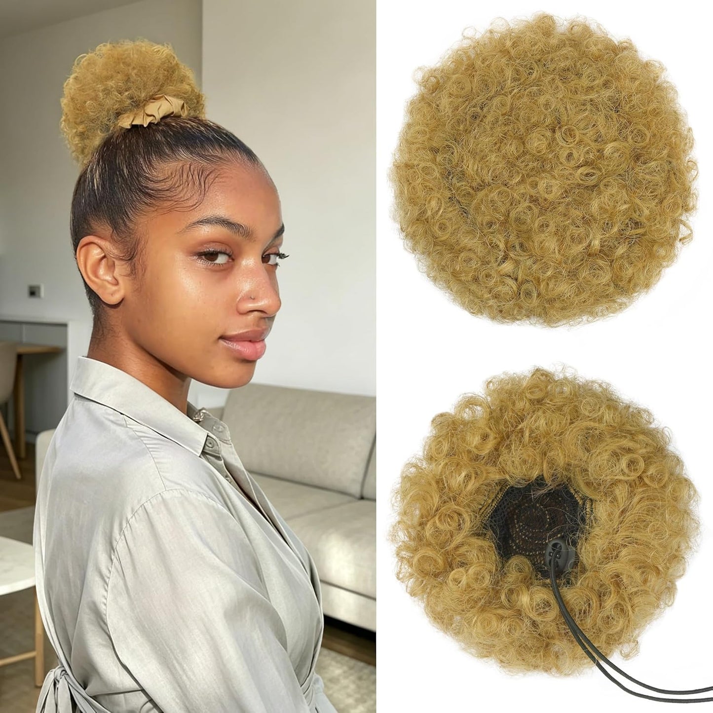 Human Hair Afro Puff Drawstring Ponytail - Kinky Curly Short Extensions for Black Women | Medium Size - 1B Natural Black
