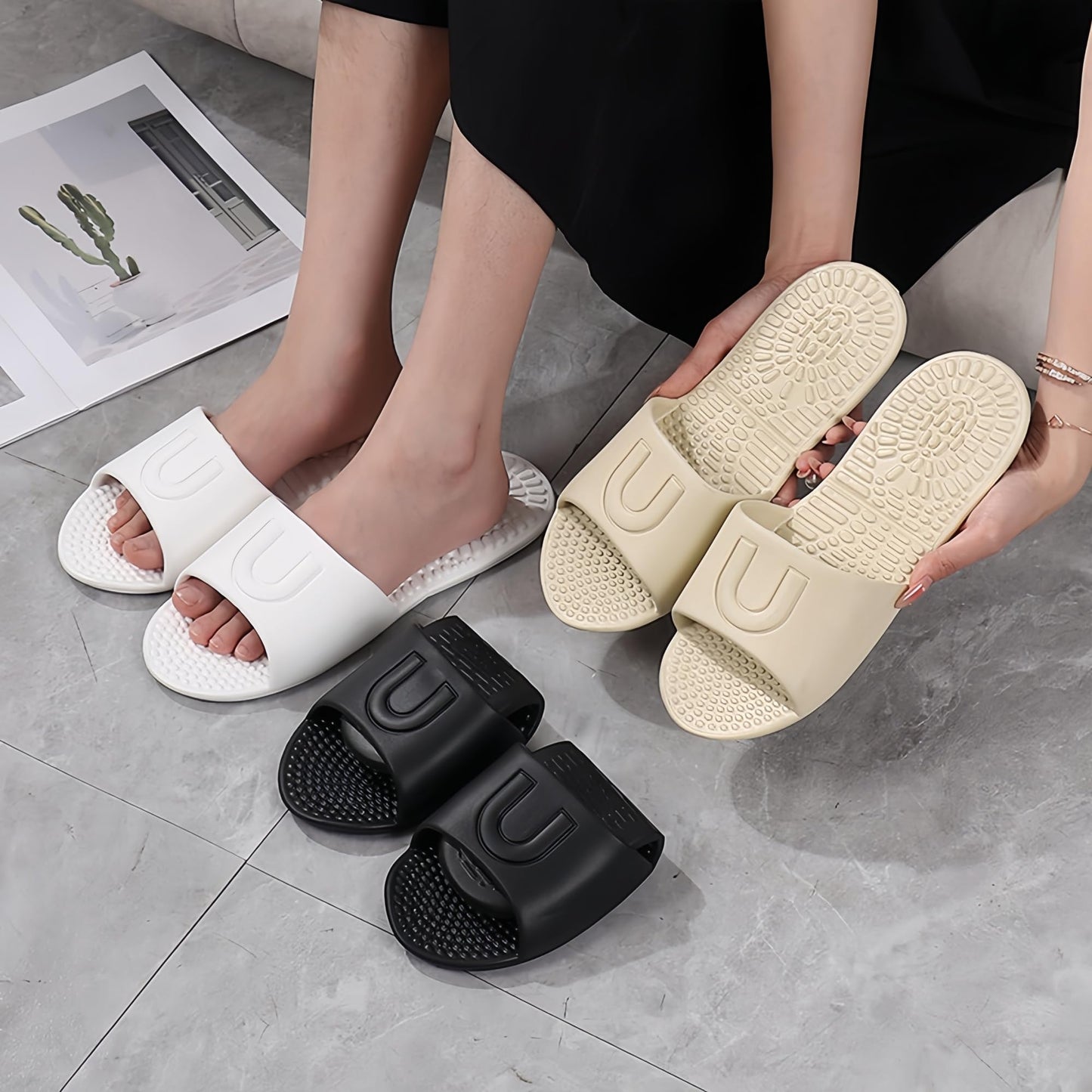 LUNASCULP Shower Shoes Travel Foldable Portable Non Slip Slippers for Hotel Guests Swimming Spa Unisex Men Women Lightweight EVA Bathroom Slides Quick Drying Water Resistant Footwear