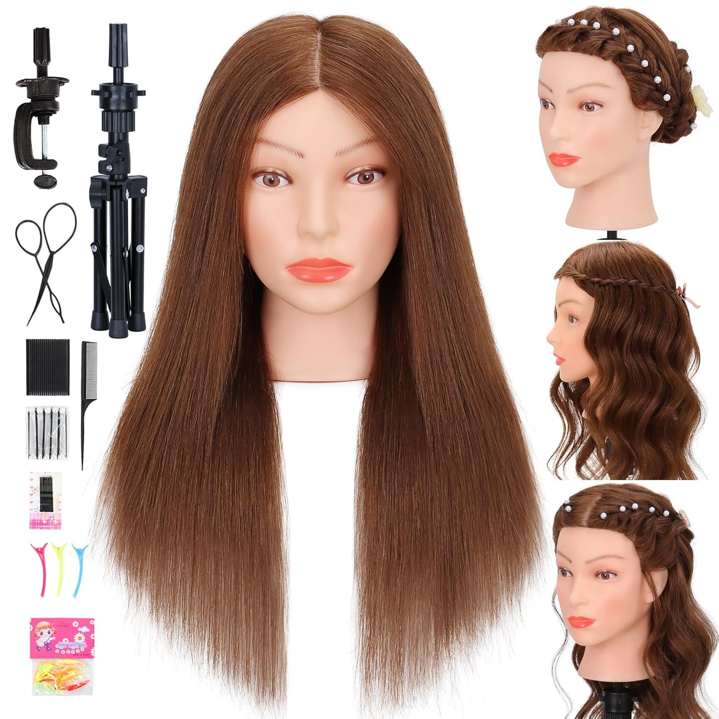Real Human Hair Mannequin Head - Cosmetology Training Doll for Hair Styling, Cutting & Braiding | Dark Brown