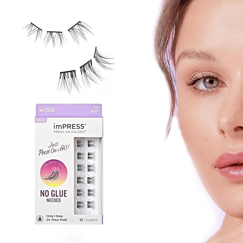 Kiss Impress Falsies Eyelashes - Self-Adhesive Natural Volume Lashes, 12mm-14mm, Black | No Glue Needed, Invisible Band