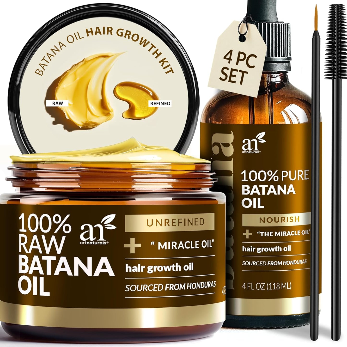 Batana Oil for Hair Growth - Organic 4Pc Set with 4oz Oil, 4.2oz Paste & Brushes | Unrefined Miracle for Scalp & Edges