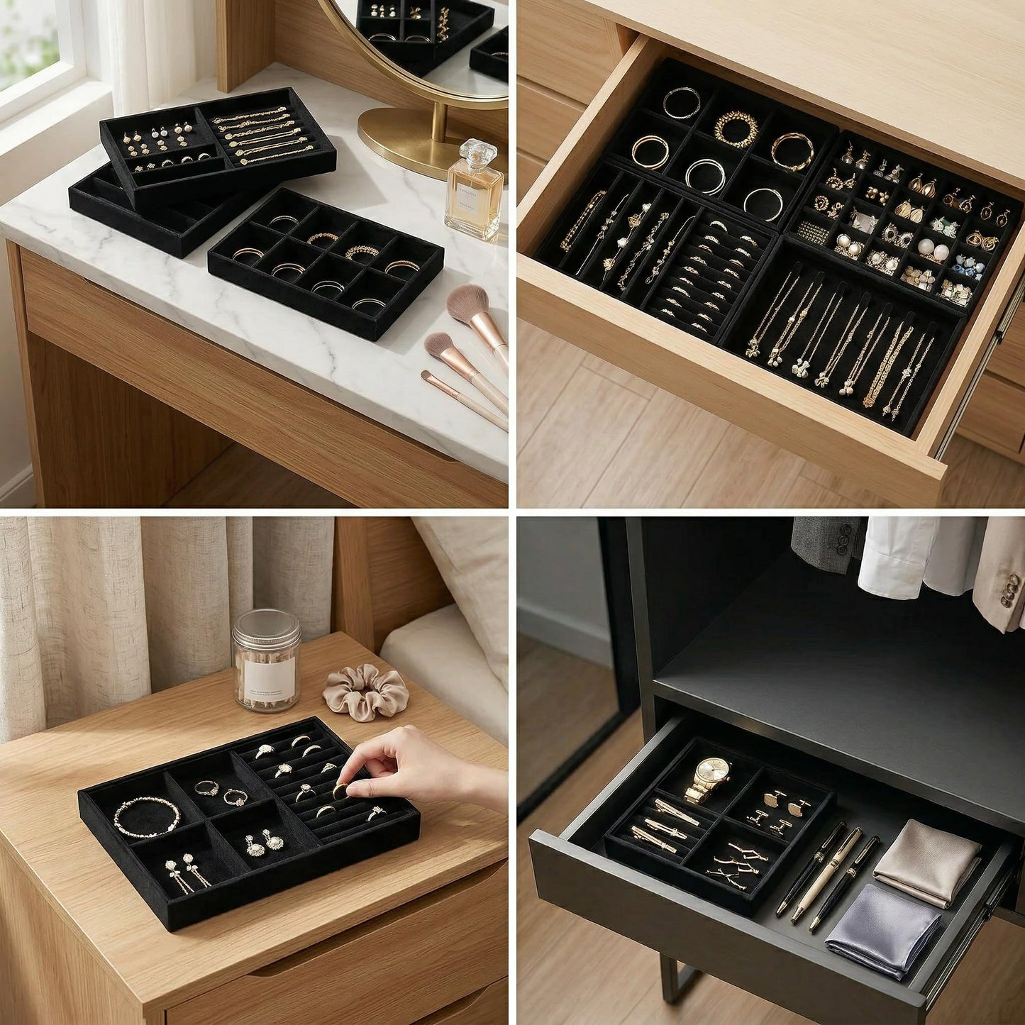 Velvet Jewelry Drawer Organizer Trays, 4-Layer Stackable Jewelry Storage Inserts Set, BLACK Jewelry Tray Set for Earrings, Rings, Necklaces and Bracelets, Removable Dividers for Dresser Drawer