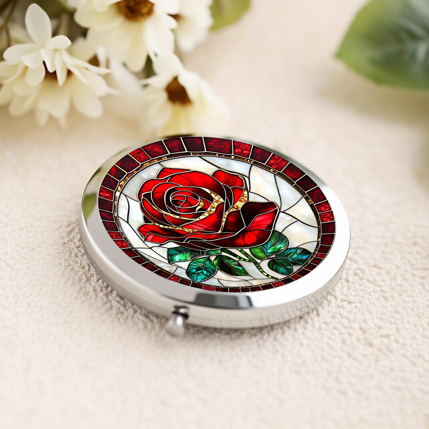 Silver Compact Mirror, 2.8x2.8inch Double-Sided Folding Makeup Mirror with Red Rose Stained Design, Ideal Gift for Women