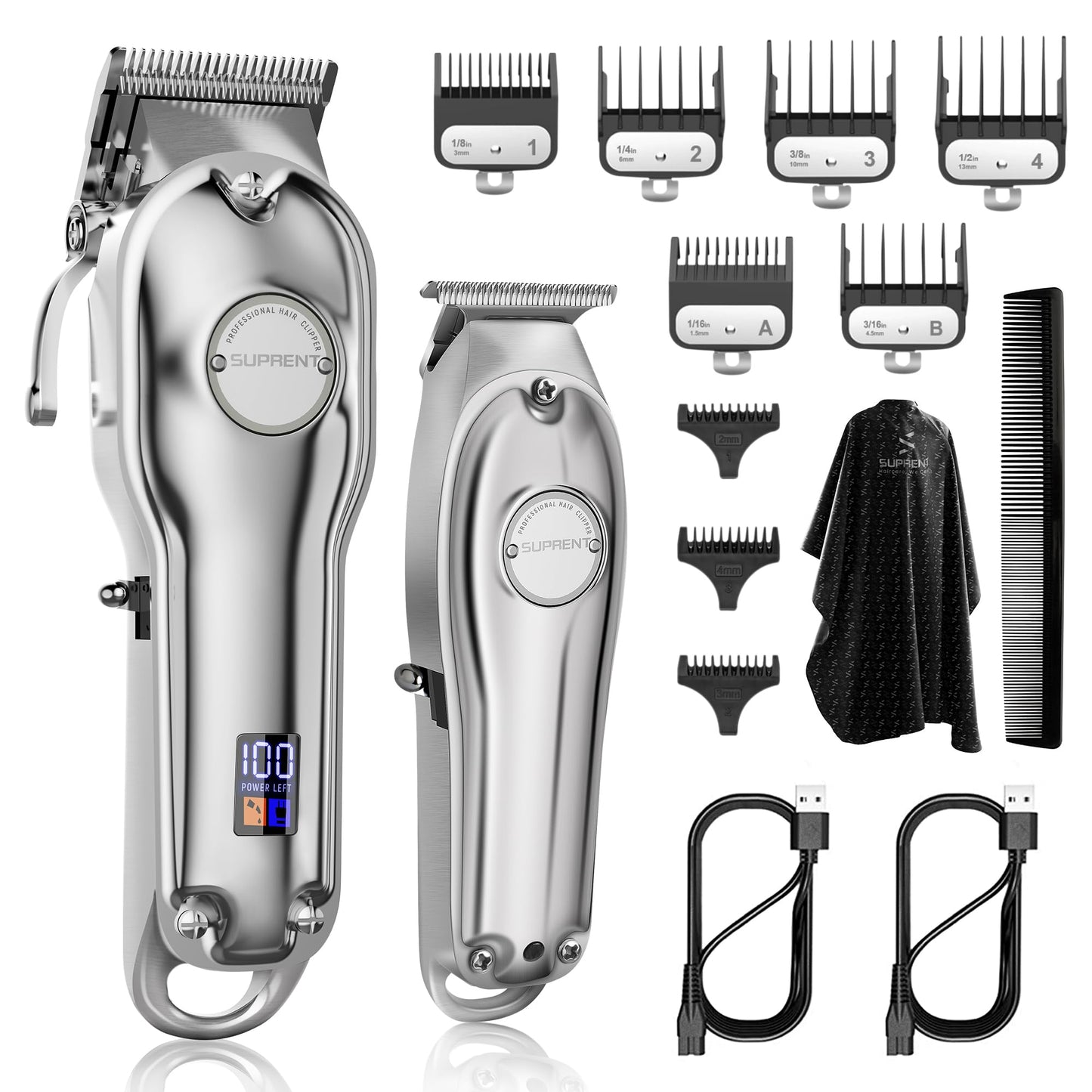 SUPRENT® PRO Professional Hair Clippers for Men- Hair Cutting Kit & Zero Gap T-Blade Trimmer Combo- Cordless Barber Clipper Set with LED Display for Mens Gifts (Silver)