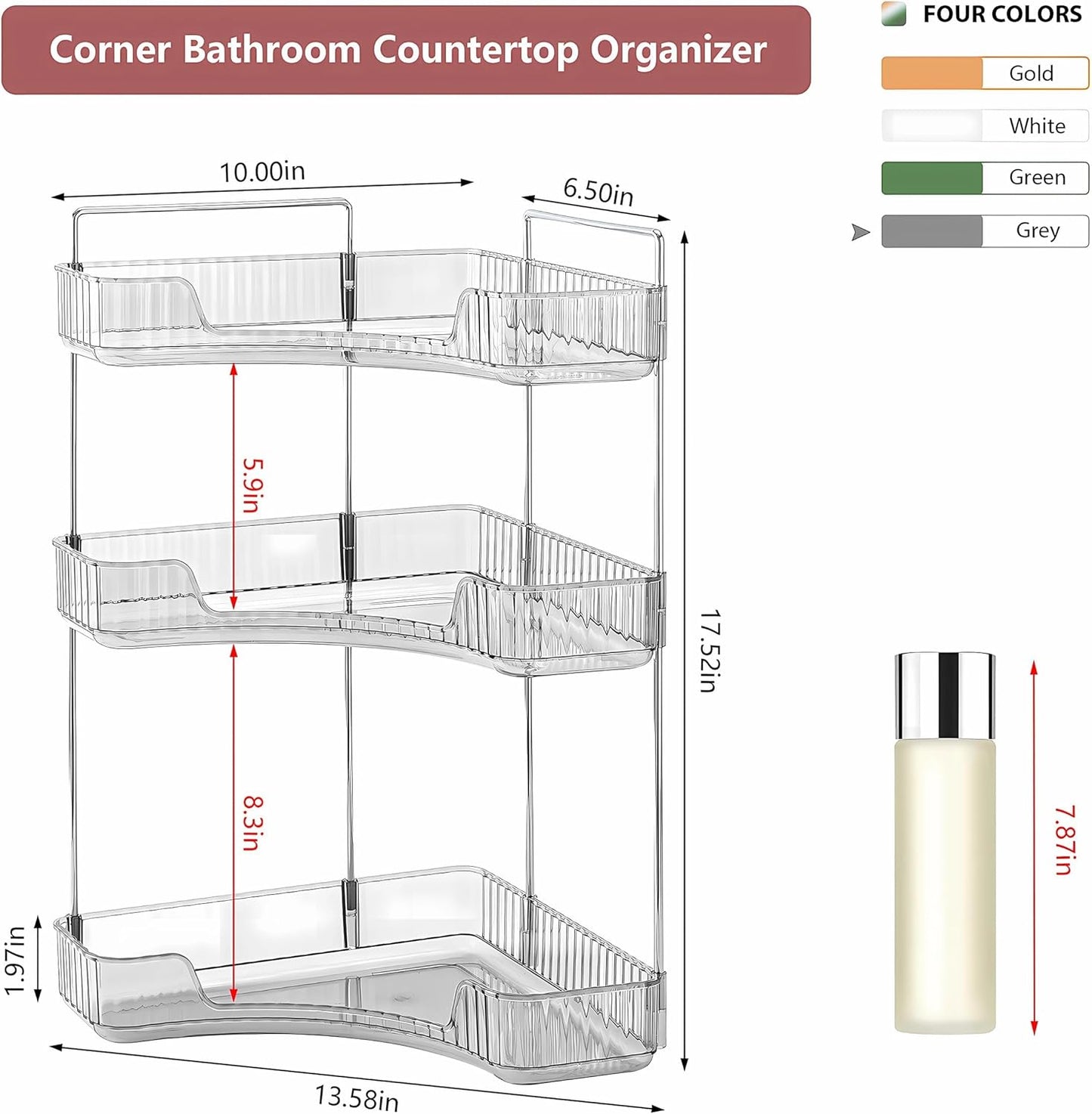 3 Tier Corner Bathroom Organizer - Stylish Makeup & Perfume Shelf for Vanity | Grey