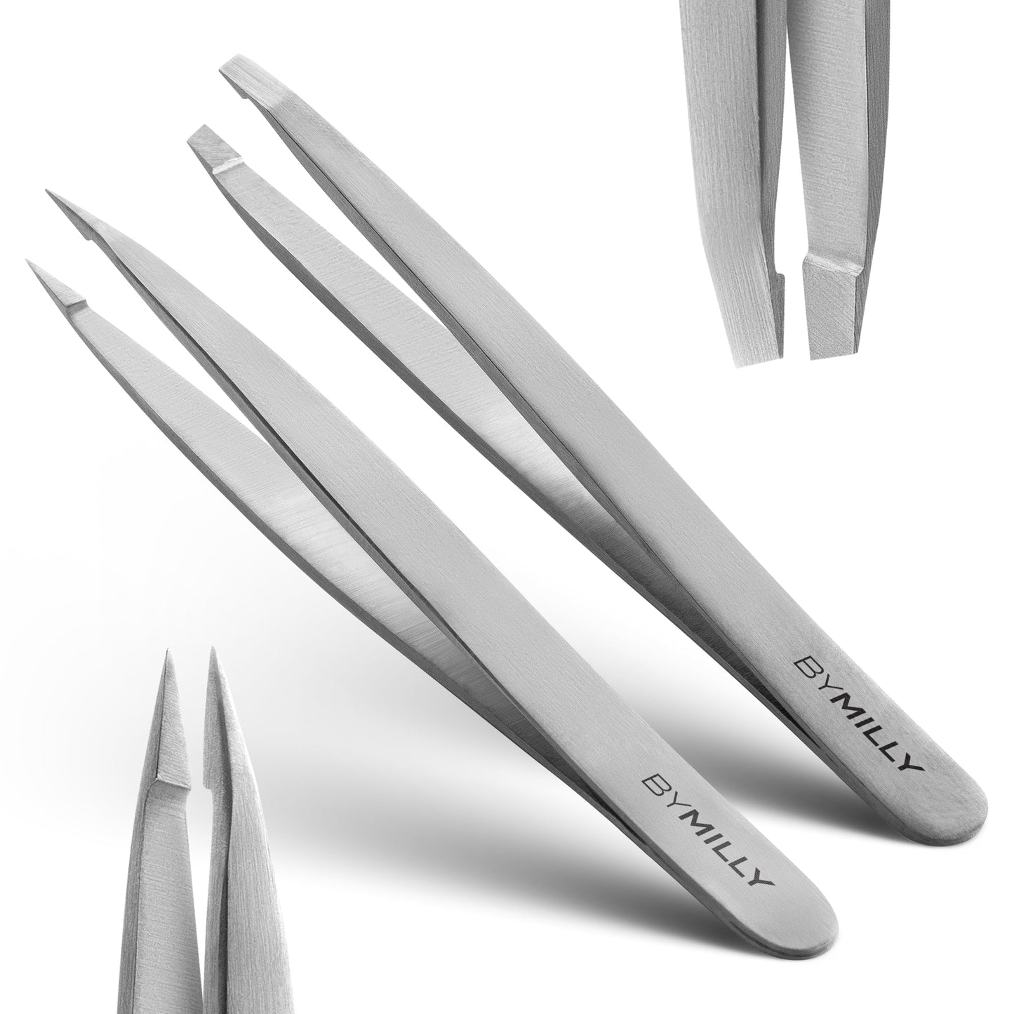 By MILLY Precision Tweezers Set | Slanted and Pointed Tip Tweezers Kit | High Carbon Stainless Steel | Aligned & Hand-Filed Tweezer Set Professional | Hair Removal & Eyebrow Tweezer Set | Silver