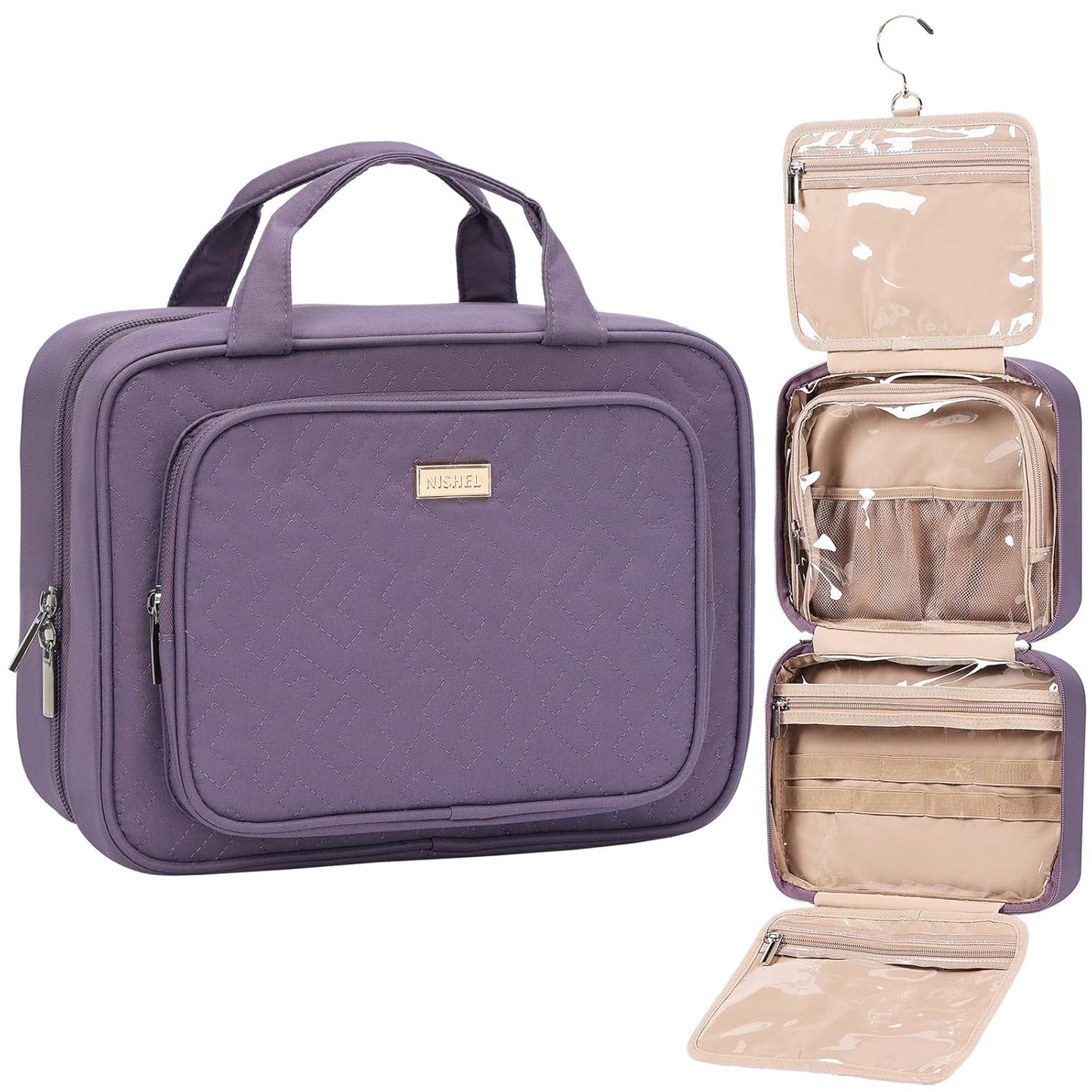 NISHEL Travel Toiletry Bag - Large Pink Makeup Organizer | Hanging Case for Accessories & Cosmetics