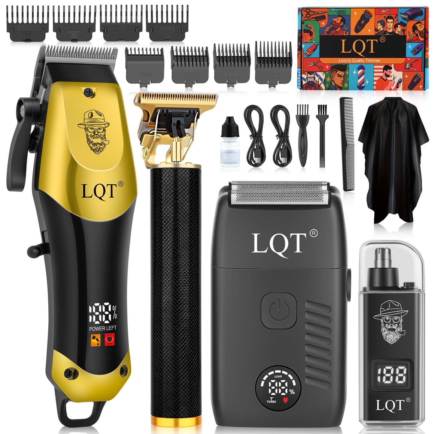 Hair Clippers for Men, with LED Display 4-Piece Cordless Grooming Kit with Hair Clipper, Beard Trimmer, Foil Shaver & Nose Trimmer, Complete Rechargeable Set for Home Barber Use (Black Gold)