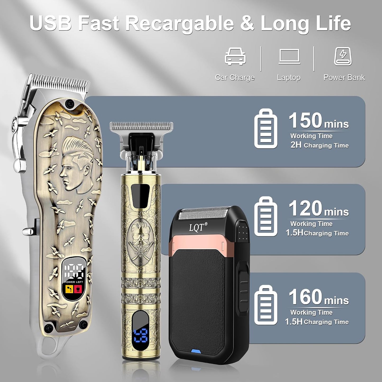 Professional Barber Kit - Cordless Hair Clipper, Trimmer & Shaver Set with LED Display | USB-C Rechargeable, Low Noise, Grooming Gift for Men (Bronze)
