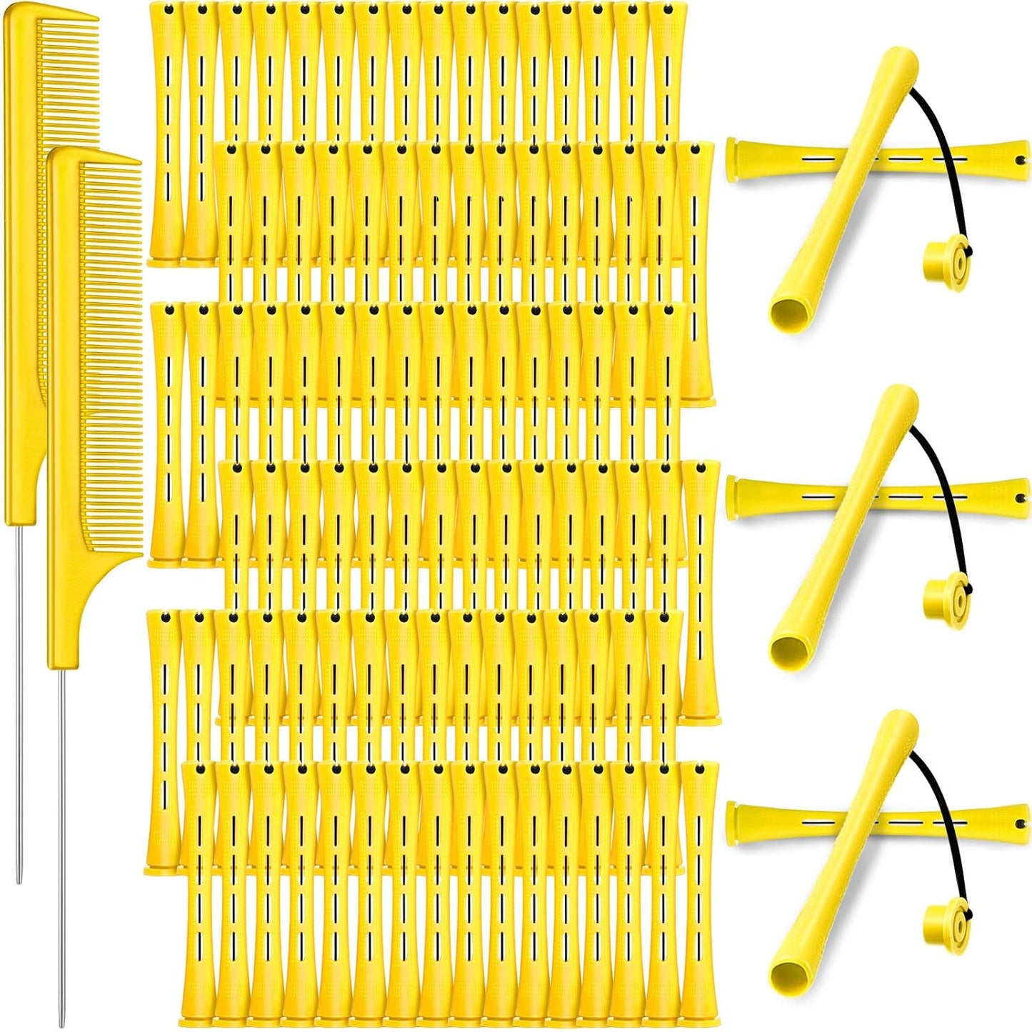 WILLBOND 96 Pcs Hair Perm Rods - Plastic Cold Wave Curlers for Short & Long Hair | Heatless Roller with 2 Pintail Combs (0.28 Inch, Yellow)