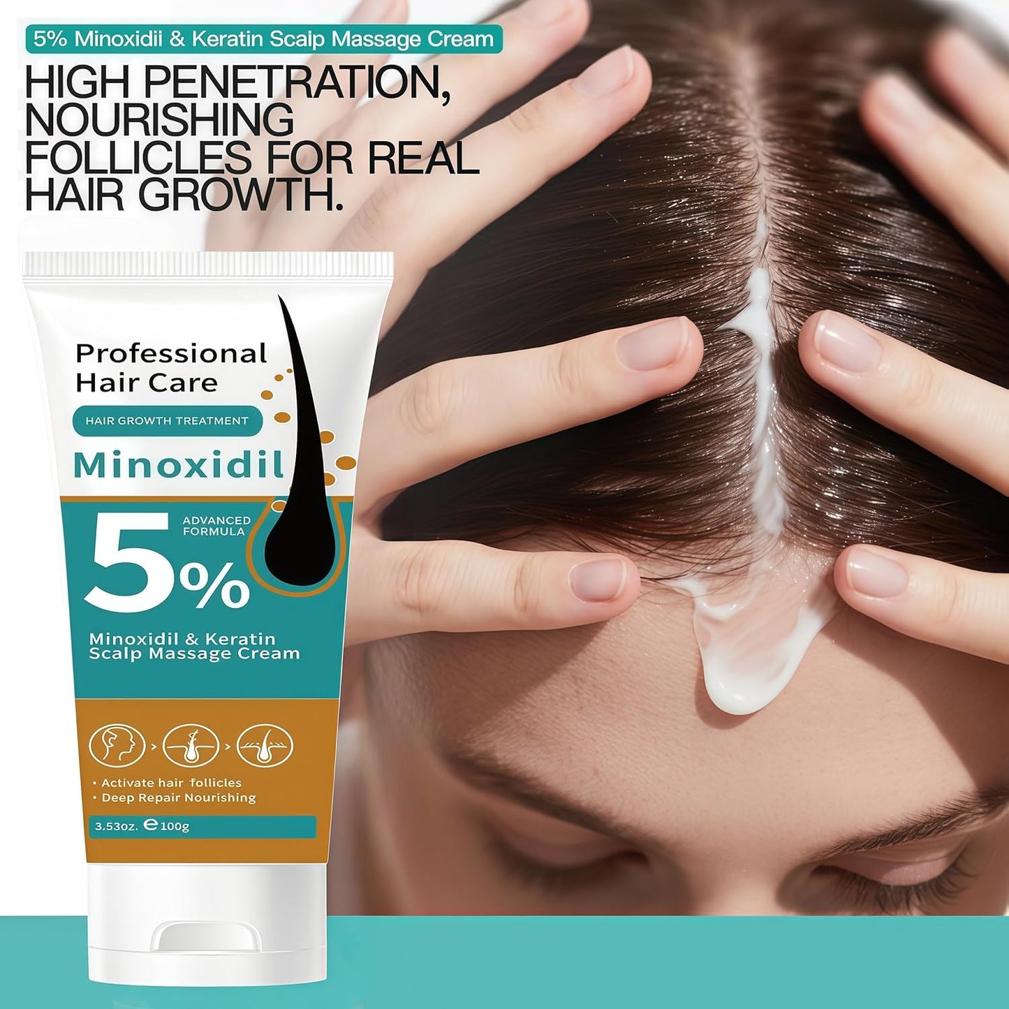 Minoxidil Hair Growth Cream - 5% Scalp Treatment for Men & Women | Fast Regrowth & Strengthens Hair Roots (2PCS)