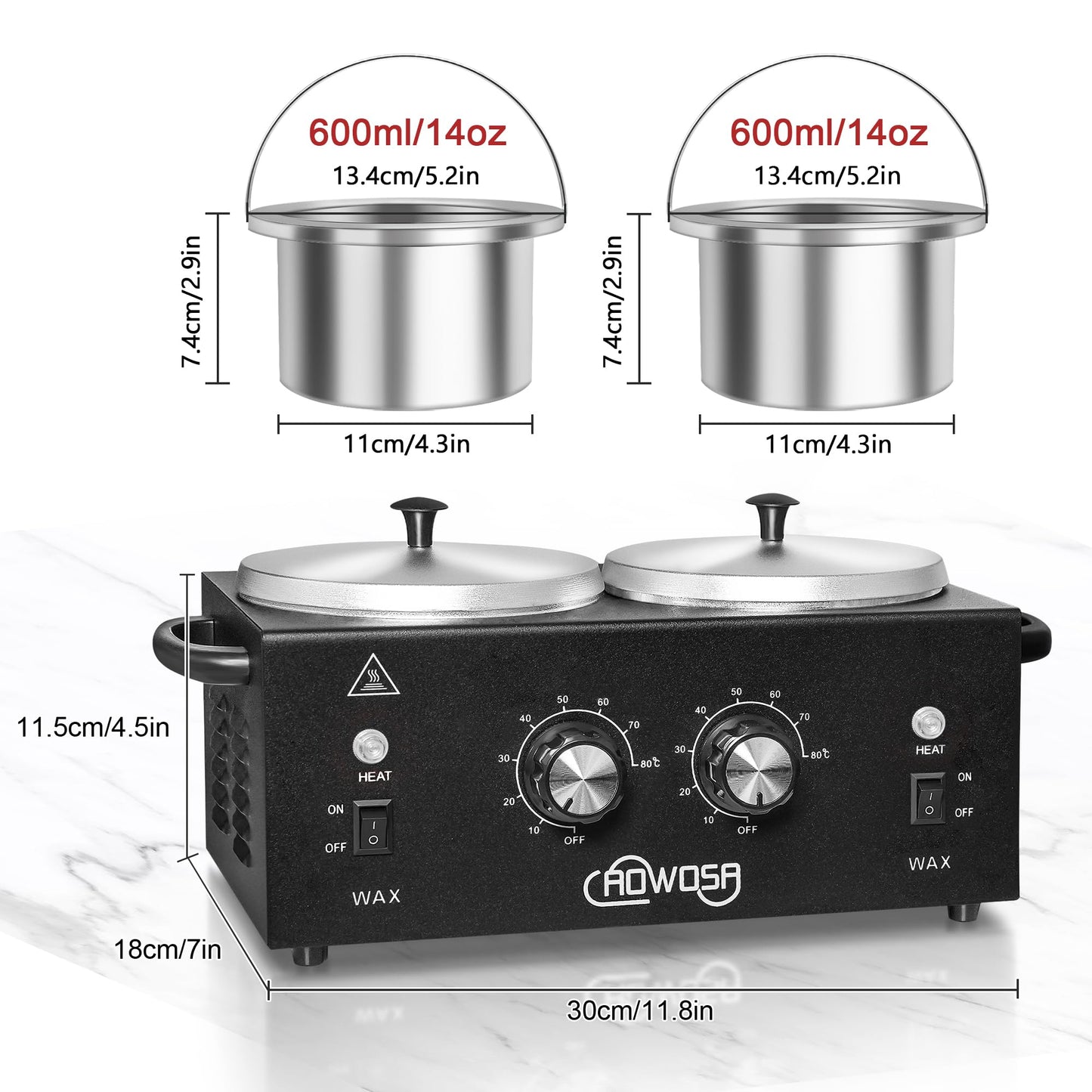 Professional Hair Removal Kit - Wax Warmer Machine with Double Pot, Large Capacity for Spa Salon and Home Use, Non-Stick Easy Clean Pots, 50 Sticks & 20 Collars (Black)