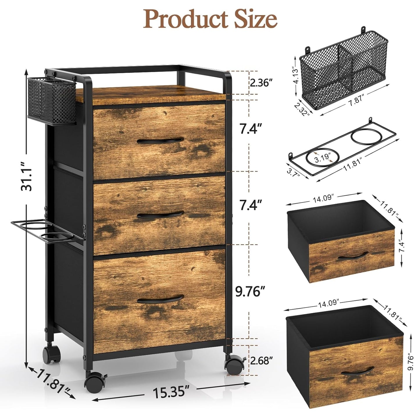 Rolling Salon Trolley Cart - Mobile Hair Stylist Station with Metal Tool Holder & 3 Fabric Drawers | Rustic Brown