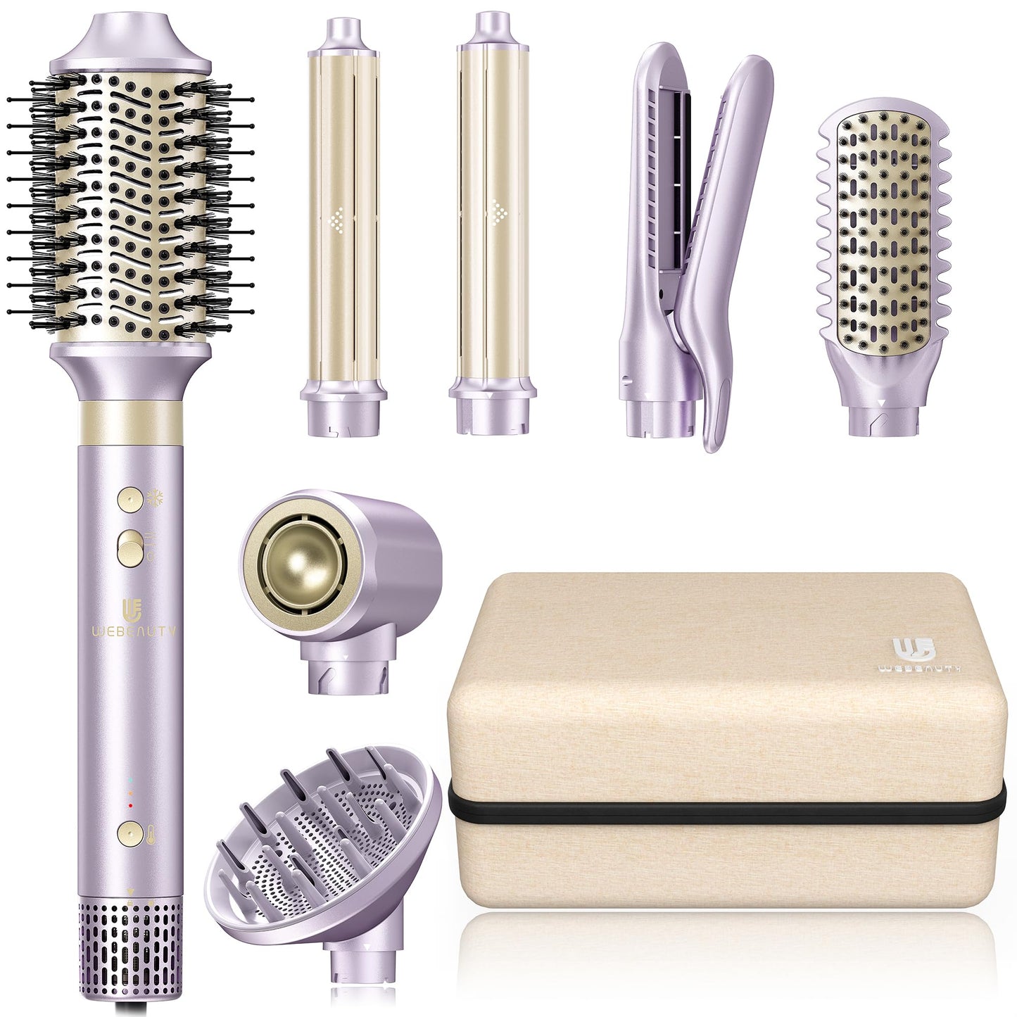Hair Dryer Brush 7-in-1 Dual Voltage Hot Air Styler – Fast-Drying 110,000 RPM Ionic Blow Dryer with Straightener & Curler Attachments, Frizz-Free Volumizing Styler with Protective Hard Case-Purple