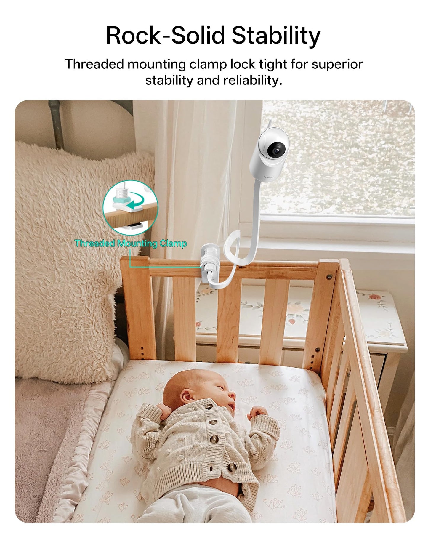 Jartoo Baby Monitor Mount Compatible with HelloBaby HB65/HB40/HB6560/HB6339/HB6550 Pro, Infant Optics, Momcozy, Nanit, VAVA, 16.9" Flexible Crib Clip Mount Long Gooseneck Arm, No Tools or Wall Damage