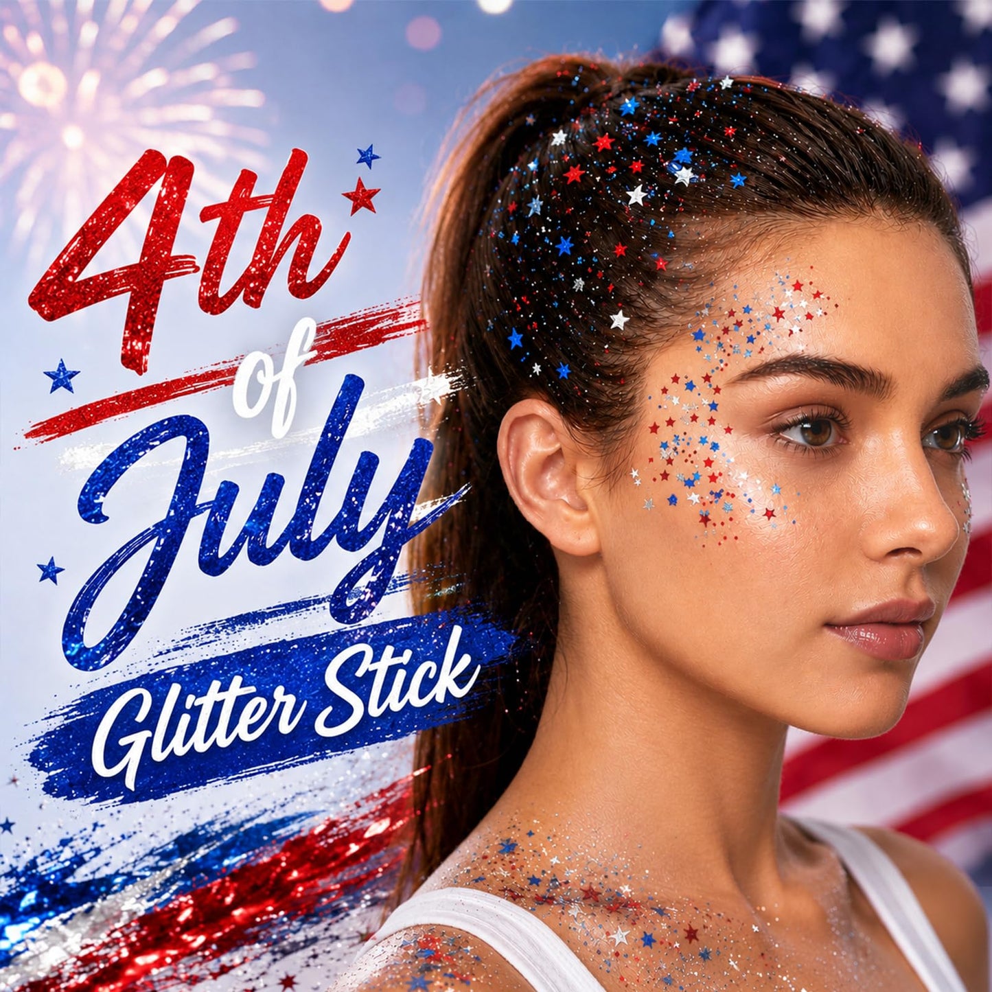 4th of July Body Glitter Stick, Patriotic Hair Face Glitter Stick, Fourth of July Outfits and 250th Anniversary Accessories, USA Flag Accessories for Women, Red White and Blue Waterproof Hair Glitter