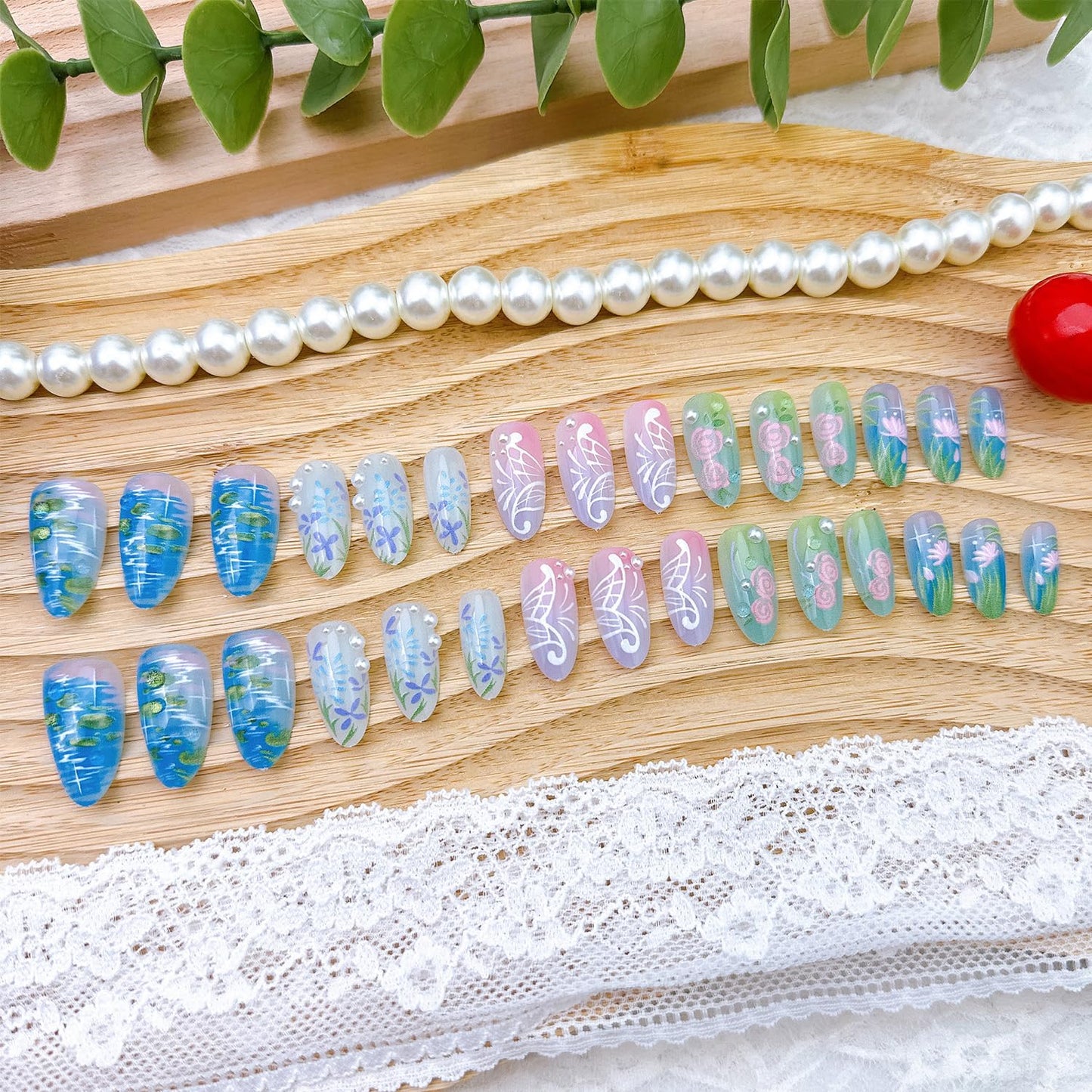 30Pcs Summer Press on Nails Medium Almond Fake Nails with Pearl Designs Pink Spring Flower Acrylic Nails Summer Lotus Pond, Lotus Flower False Nail Butterfly Full Cover Stick on Nails for Women