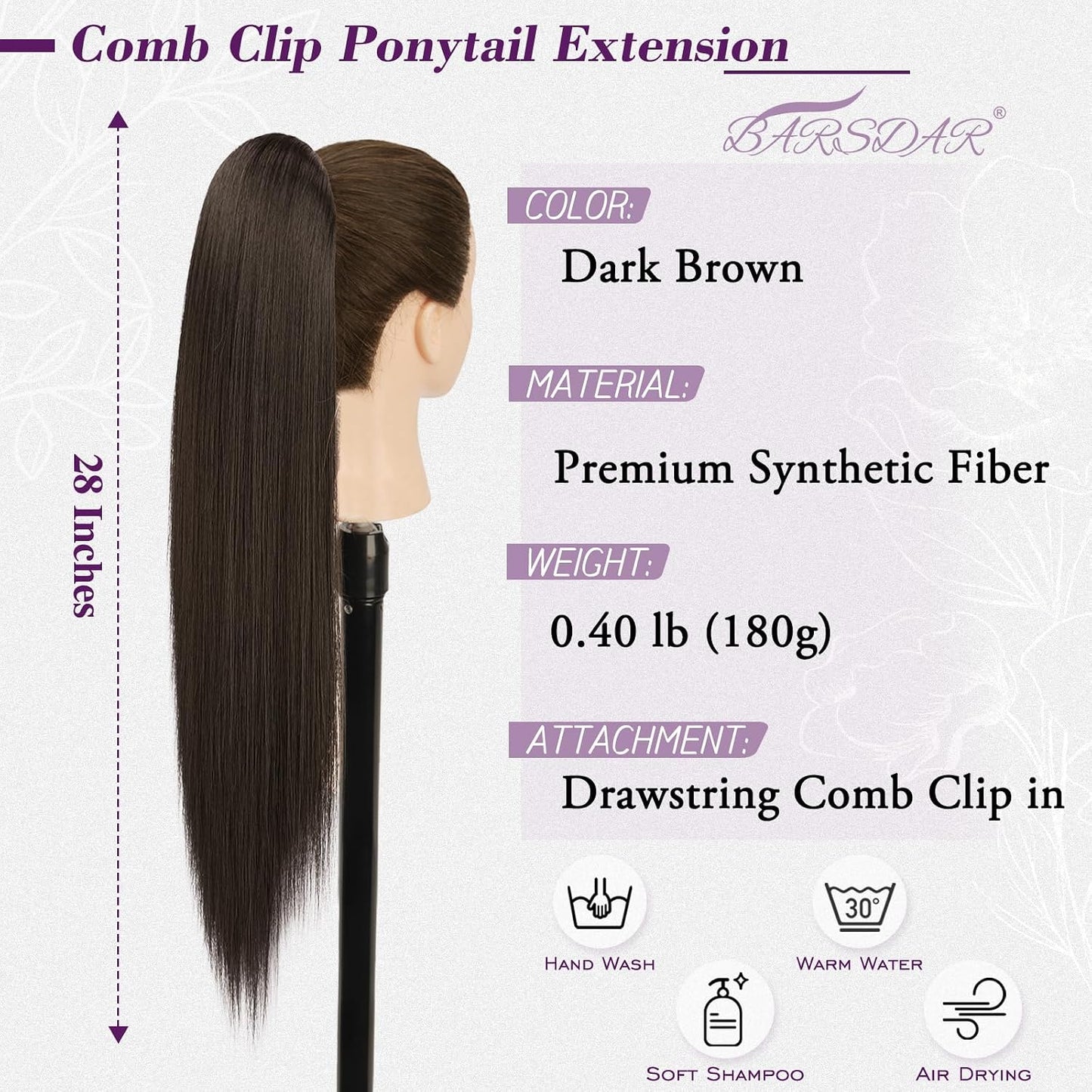 Dark Brown Straight Drawstring Ponytail Extension - 28 Inch Soft Synthetic Hairpiece for Daily & Party Wear