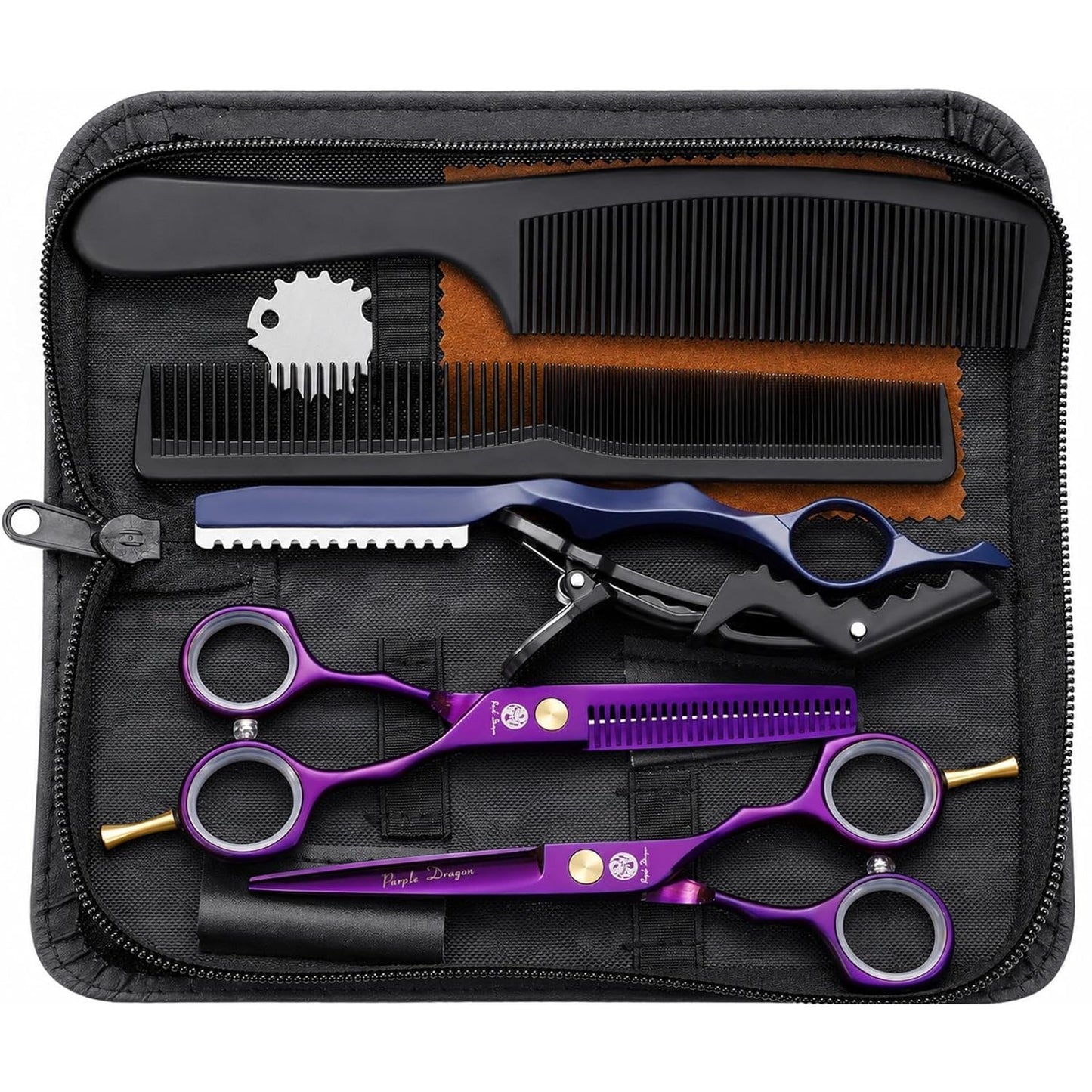 Purple Dragon Hair Cutting Scissors Set - 5.5 Inch Barber Shears with Razor & Leather Case | Thinning & Texturizing Tools for Professionals or Home Use