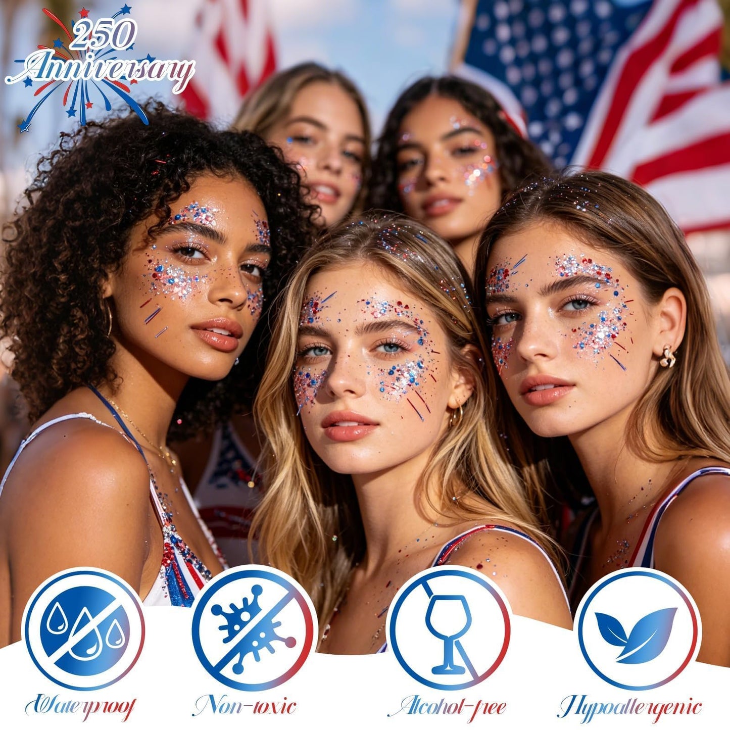 DAGEDA Red White Blue Face Body Glitter Stick,4th of July Accessories Sparkling Hair Glitter Makeup,Patriotic Red White Blue Patriotic Accessories,Fourth of July Outfit Flag Glitters Makeup(Cheers)