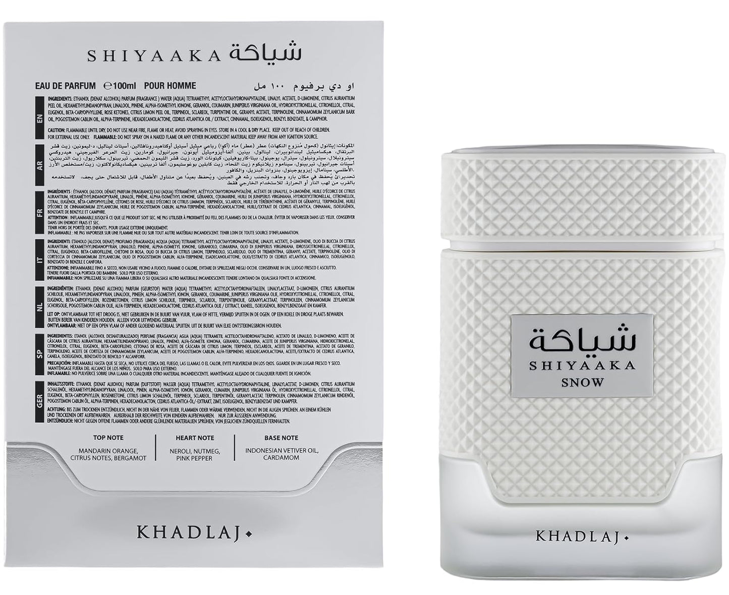 Khadlaj Shiyaaka Snow Eau De Parfum Spray - Citrusy Woody Spicy Fragrance for Men | 3.4 oz / 100 ml