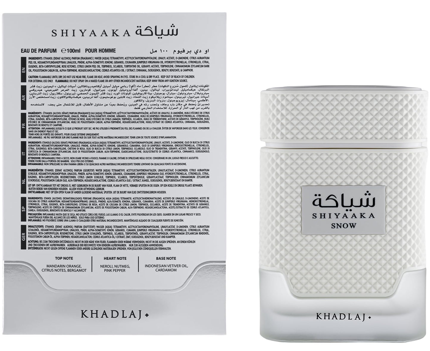 Khadlaj Shiyaaka Snow – Citrusy, Woody, Spicy, Aromatic – Eau De Parfum Spray-Long-Lasting Fragrance for Men, 3.4 Ounce / 100 ml