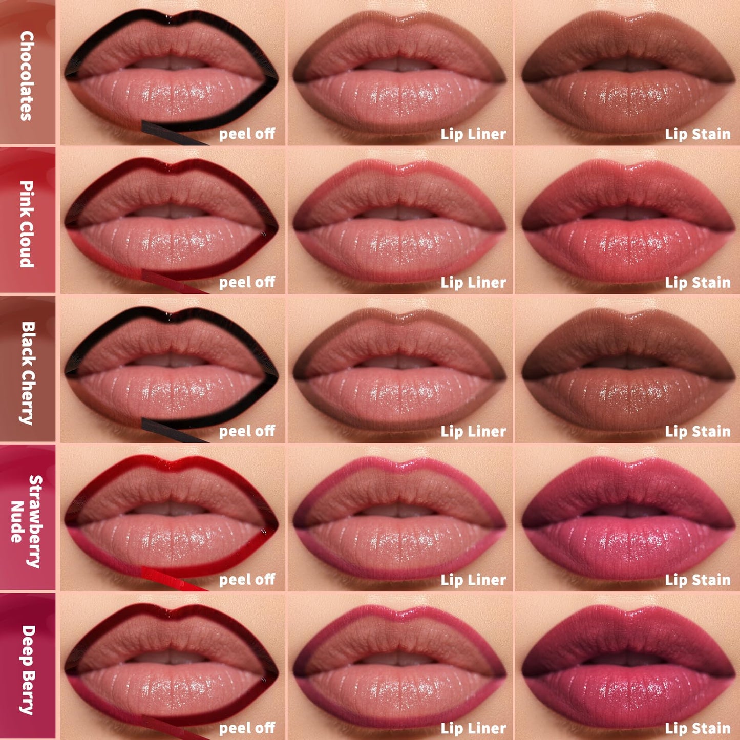 KIMUSE 5Pcs Peel Off Lip Stain, Lip Liner Stain Long Lasting, Waterproof, Transfer-Proof, Highly Pigmented Color Lip Tint Stain Set, Matte Finish