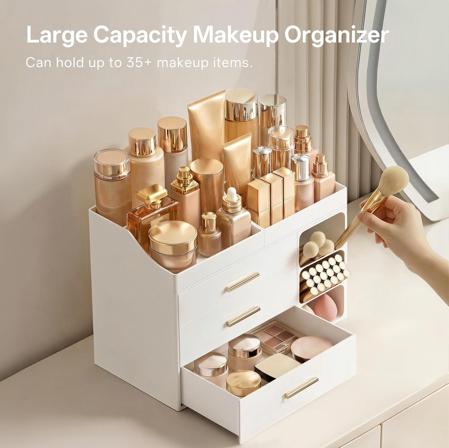 Makeup Organizer - Large Bathroom Countertop Storage with Brush Holder & Drawers | All White Dresser Organizer for Skincare & Vanity
