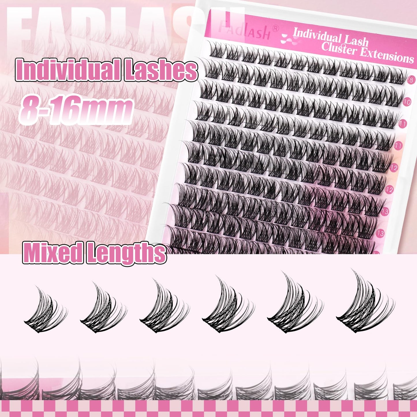 FADLASH Lash Clusters Wispy Eyelash Cluster D Curl 8-16mm Cluster Eyelash Extensions 168Pcs Individual Natural Lashes with Black Thin Band Soft and Reusable (GS49, 8-16mm)