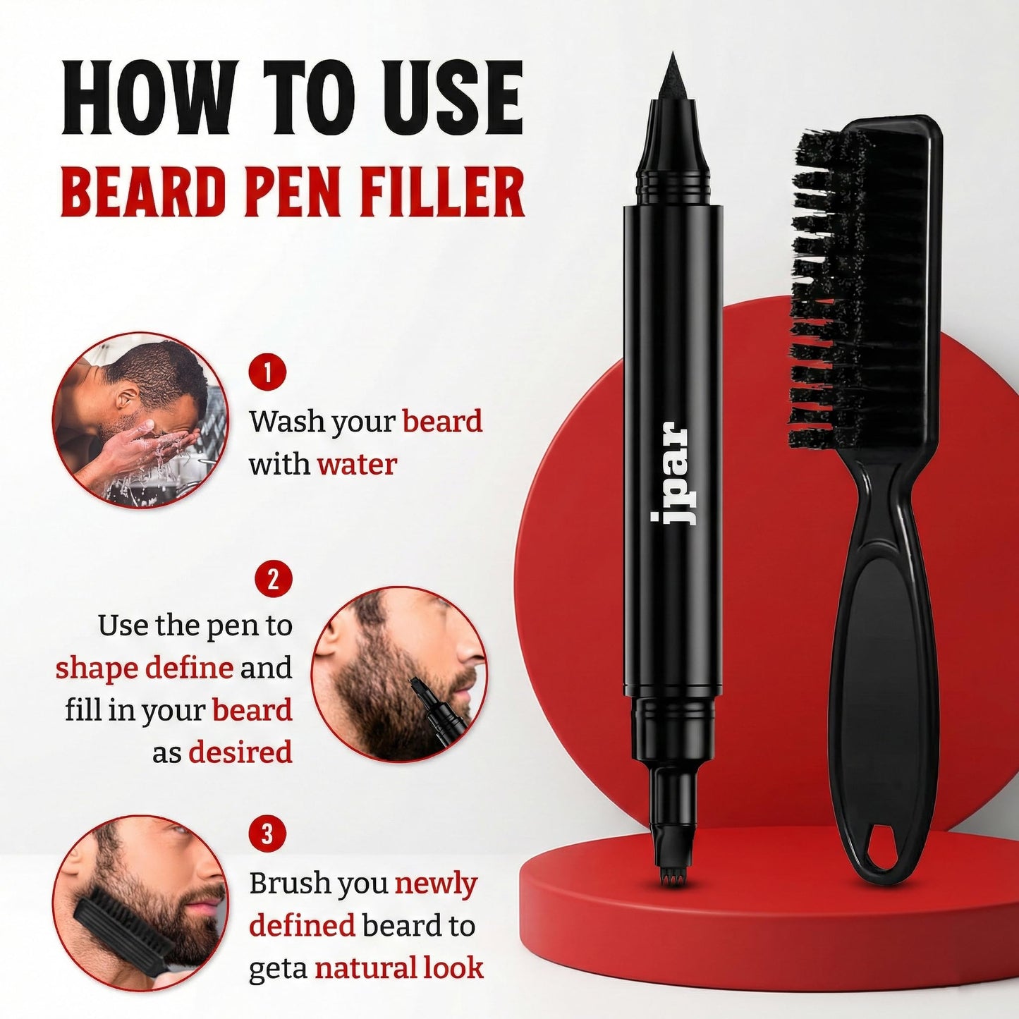 2 Pack - Black Beard Pencil Filler for Men - Waterproof Beard Pen Kit with Brush - Dual Tip Beard Filling Pen for Patches, Hairline & Mustache - Natural Look, Long Lasting Beard Grooming Tool