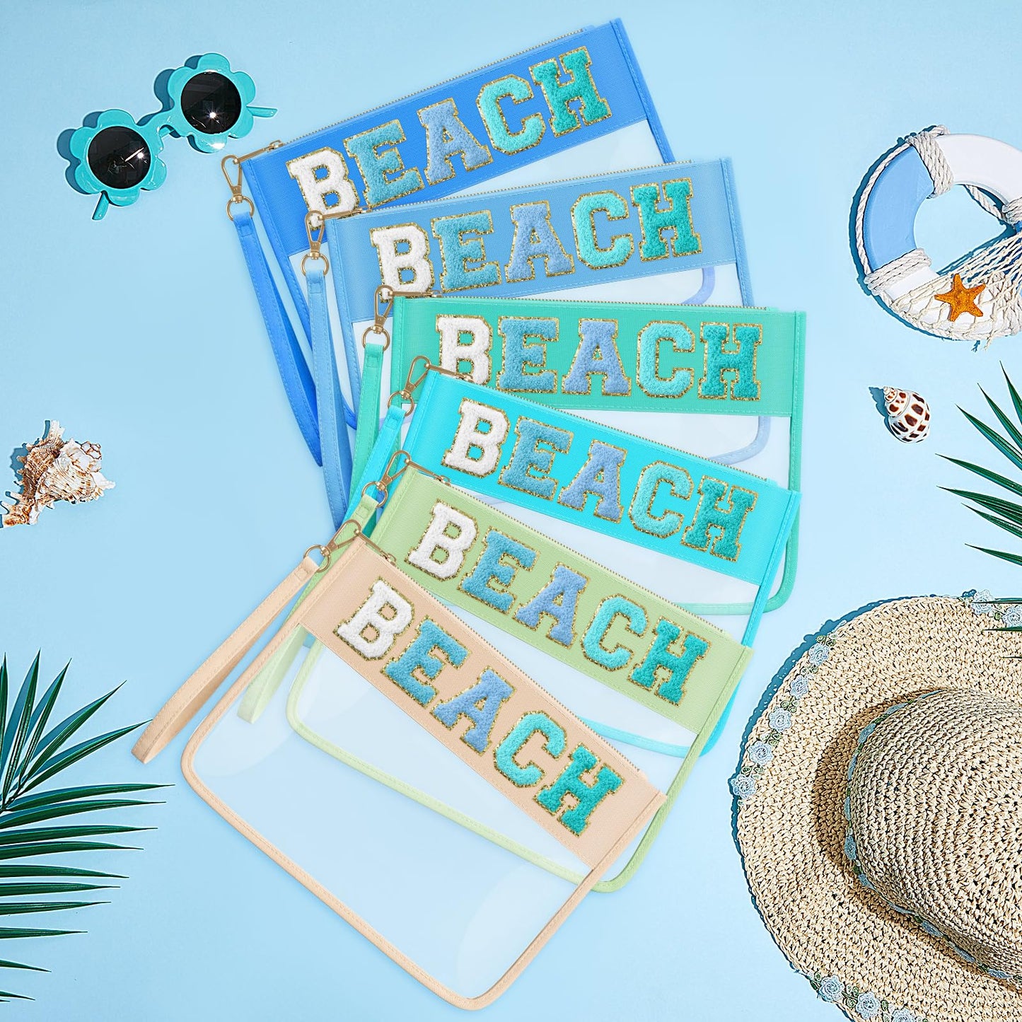 Kacctyen 6 Pcs Beach Bags Chenille Letter Clear Makeup Bag with Zipper Waterproof Cosmetic Toiletry Pouch with Handle Gym Travel Summer Gifts for Women Girls(Teal,Beach)