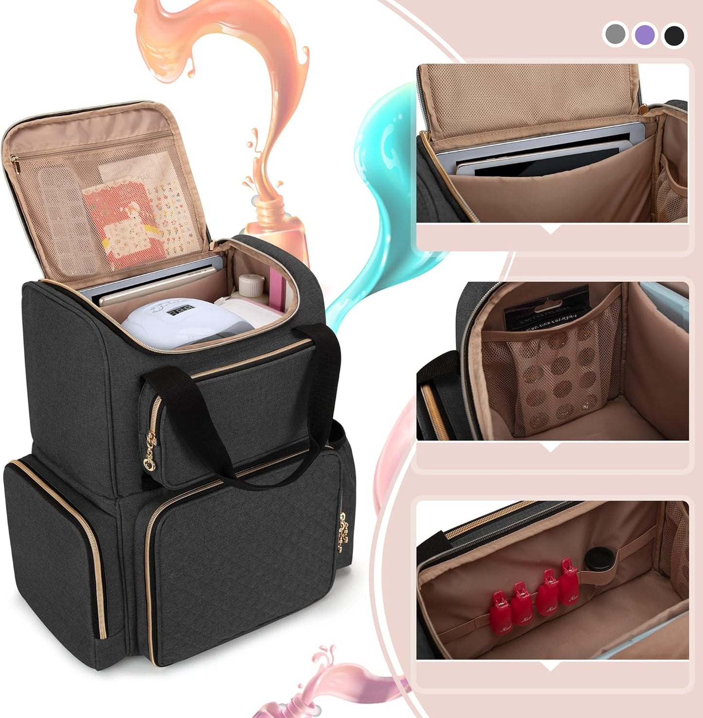 Nail Polish Organizer Backpack - Holds 70 Bottles & Lamp | Travel Bag with Removable Cases & Tool Pockets - Black