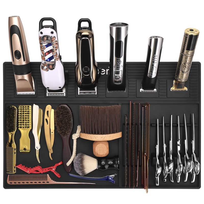 Magnetic Barber Mats for Clippers, with 6 Magnets & Dedicated Slots - 19.29"x12.6" Anti-Slip Heat Resistant Barber Station Organizer Mat, Scissors, Combs & Salon Tools Pad for Grooming Table Tray