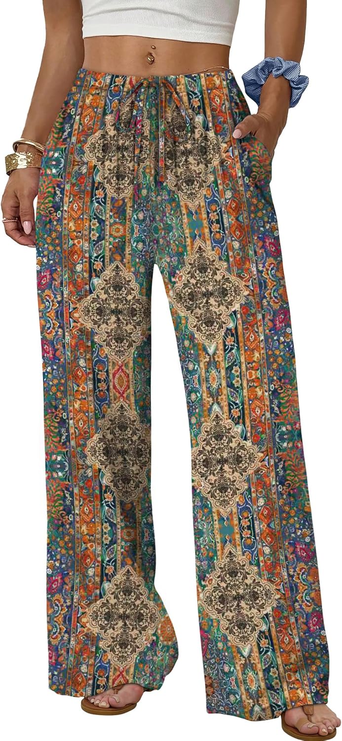 Wide Leg Pants for Women - Flowy Palazzo Trousers with Drawstring & Pockets | Summer Beach Vacation Wear