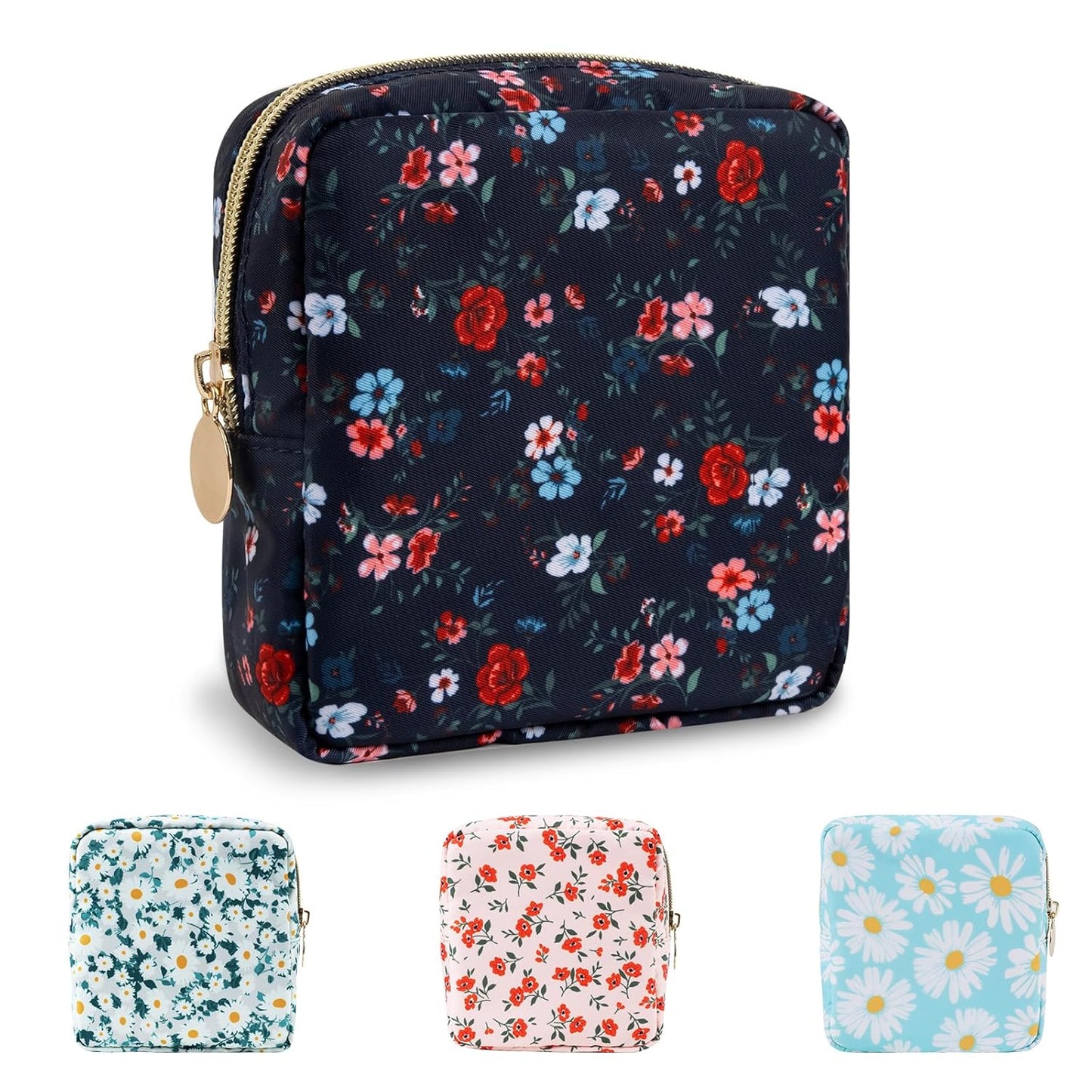 Waterproof Mini Floral Makeup Bag - Nylon Travel Pouch for Women | Cute Zipper Toiletry Organizer (Mini White-Flowers)