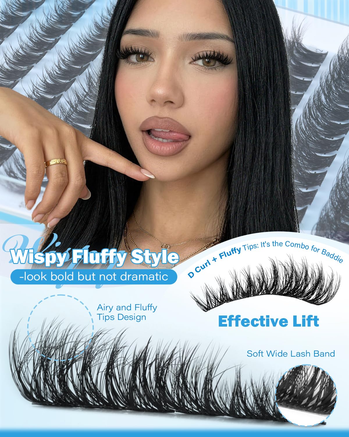 Wispy Lash Clusters Fluffy Eyelash Clusters 8-10-12mm Cluster Eyelash Extensions Volume D Curl Individual Lashes Clusters Wispy Fluffy Lash Extensions with Thin Band Soft & Comfty for Daily Wear