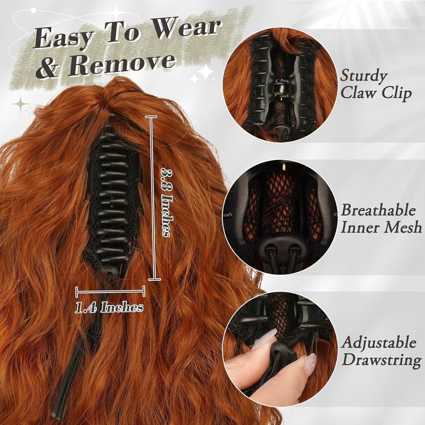 Copper Ponytail Extension - 18 Inch Curly Wavy Claw Clip Hairpiece | Ginger Copper Multi-Layered Style