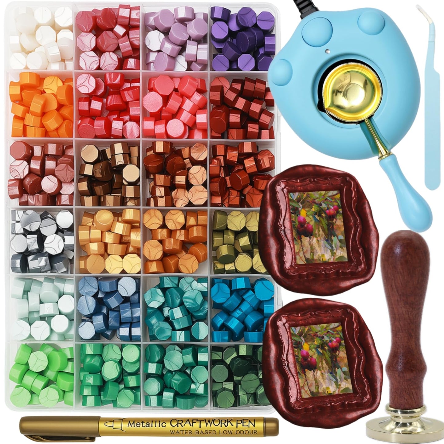 ONWINPOR Frame Wax Stamp Set, 624Pcs Sealing Stamp Beads Kit with Electric Wax Seal Warmer, 3D Embossed Frames Relief Carve Stamps Waxing, Gold Pen, Tweezer (Set02)