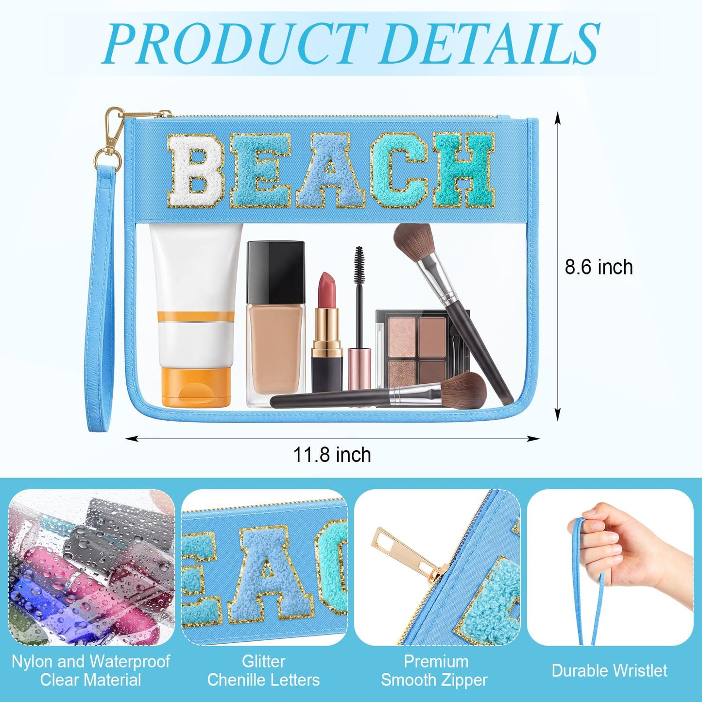 Kacctyen 6 Pcs Beach Bags Chenille Letter Clear Makeup Bag with Zipper Waterproof Cosmetic Toiletry Pouch with Handle Gym Travel Summer Gifts for Women Girls(Teal,Beach)