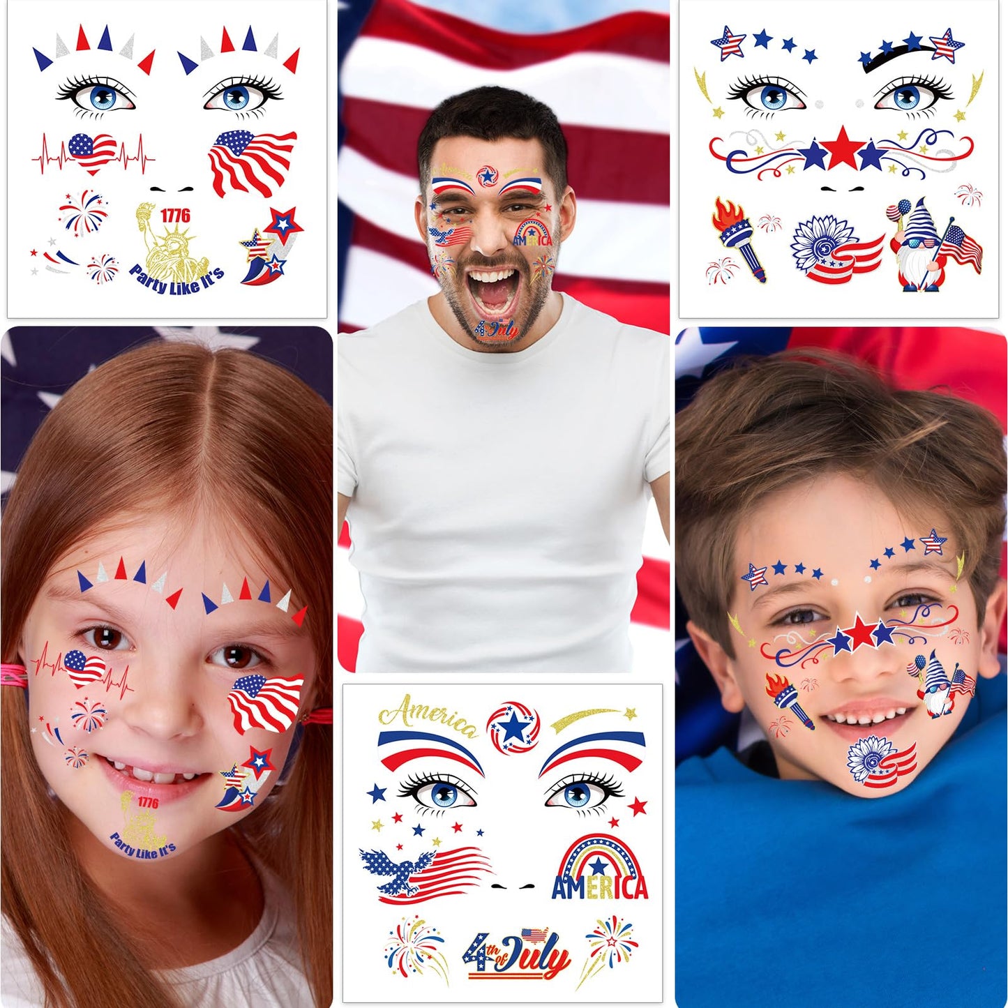HOWAF 9 Sheets USA Glitter Face Tattoos, 4th of July Face Art Temporary Tattoo for USA Patriotic Parades Celebrations, Red White Blue Face Tattoos Stickers for Independence Day Supplies