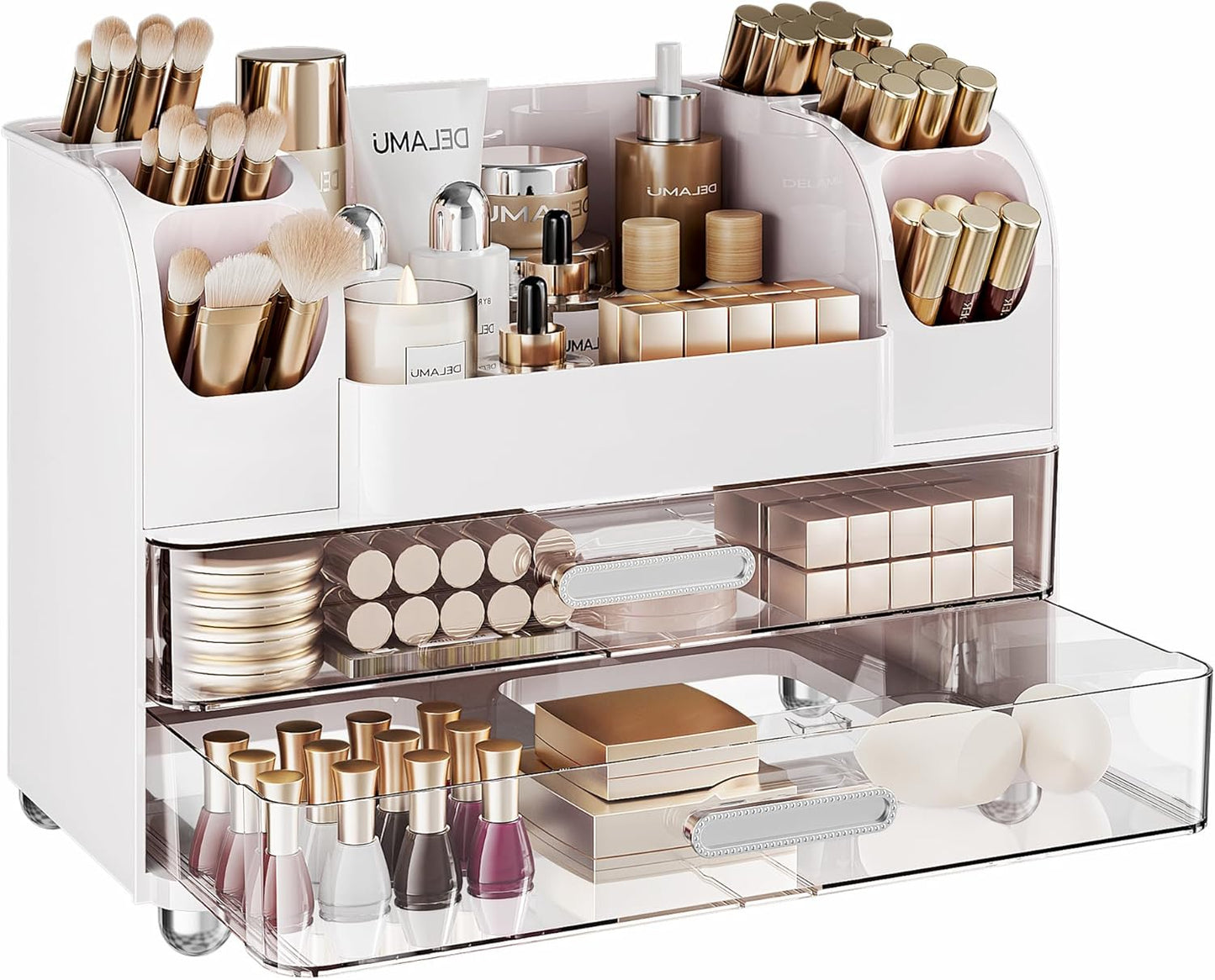 Large Makeup Organizer - 6 Brush Holders & 2 Drawers | White Vanity Storage for Skincare, Lipsticks, and More