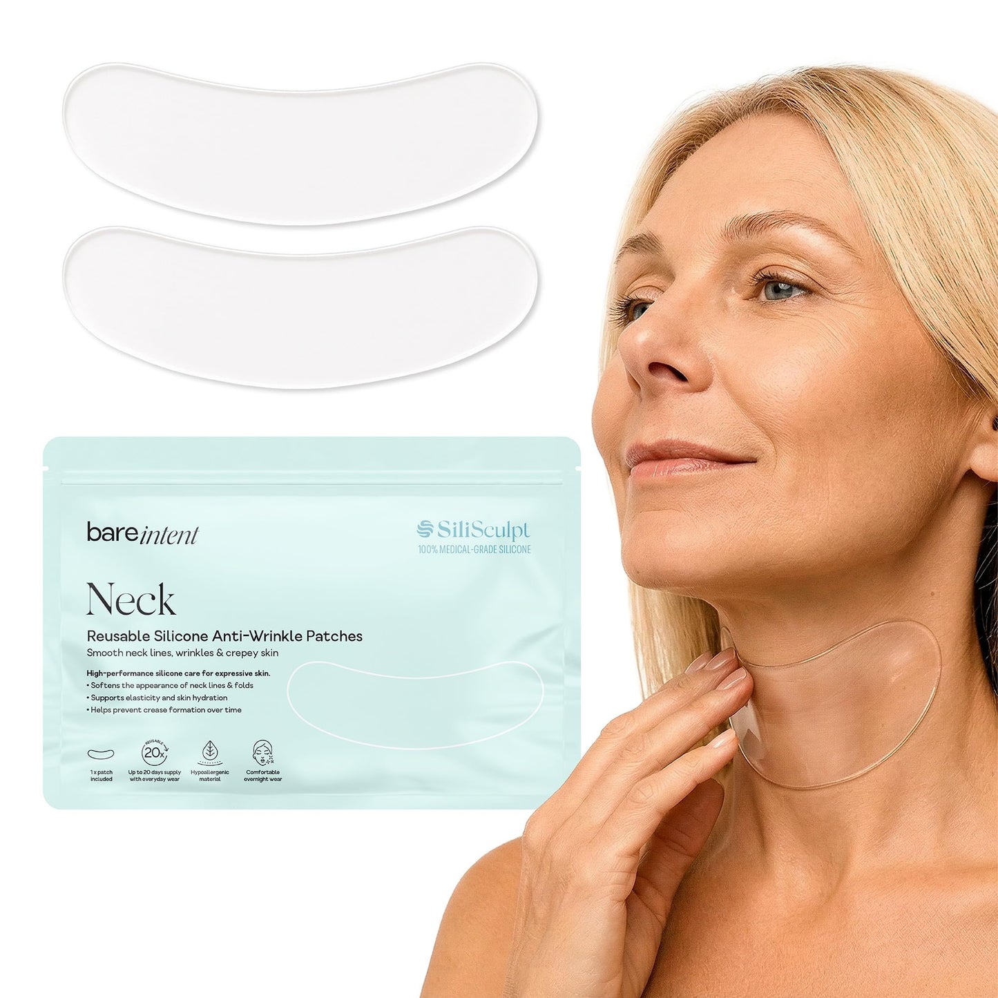 Bare Intent Reusable Silicone Anti-Wrinkle Patch for Neck | Hypoallergenic, Moisturizing & Smoothing Silicone Wrinkle Patch for Creases, Crepey Skin & Neck Lines | Contour-Fit | 1 pack | Up to 20 Uses
