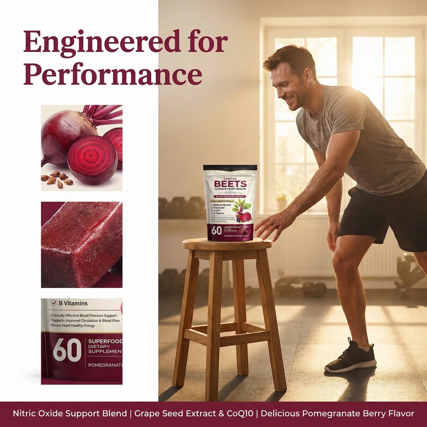 Jqewlg Lumivyx Beet Chews - Beetroot with Grape Seed Extract & CoQ10, Nitric Oxide Support Formula for Circulation & Daily Energy, Pomegranate Berry Flavor, Non-GMO, Gelatin-Free - 60 Chews